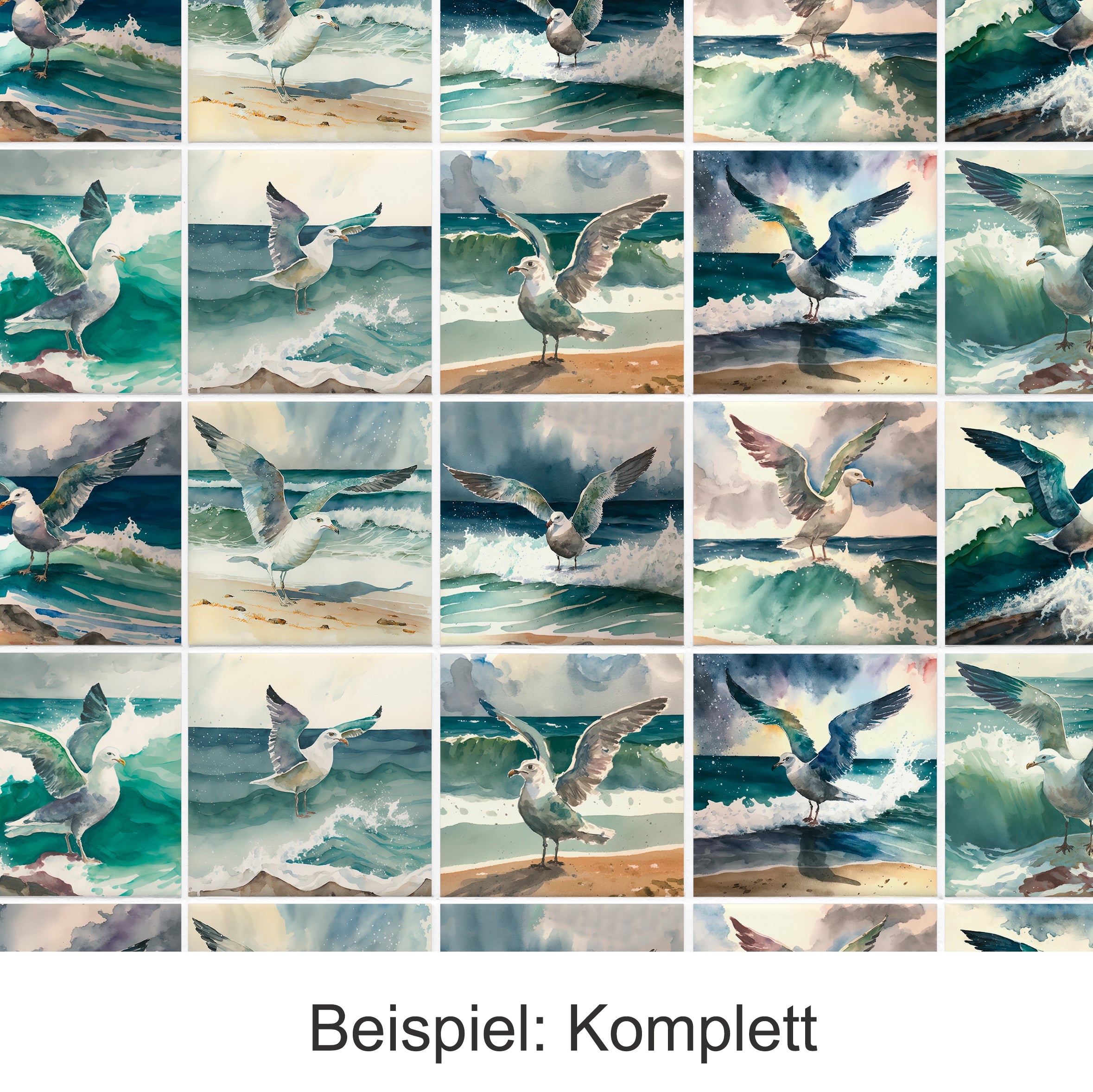 Möwen in verschiedenen Posen vor Wellen und Strand.