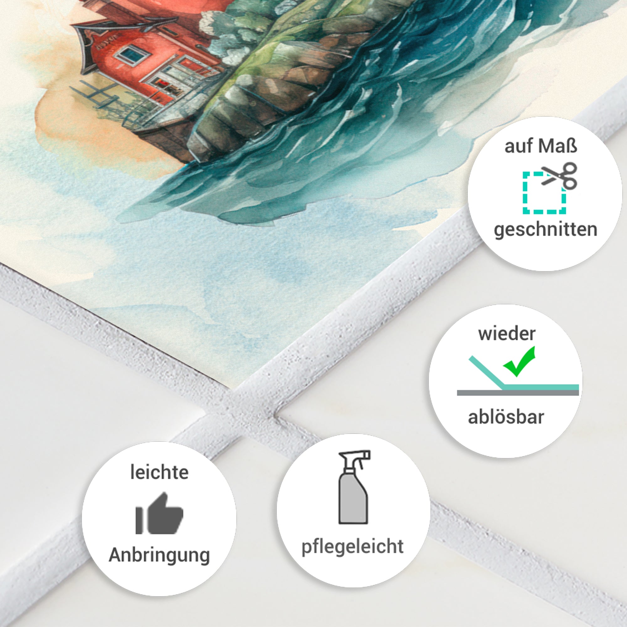 Wasserfarbdruck eines roten Hauses am Wasser, pflegeleicht.