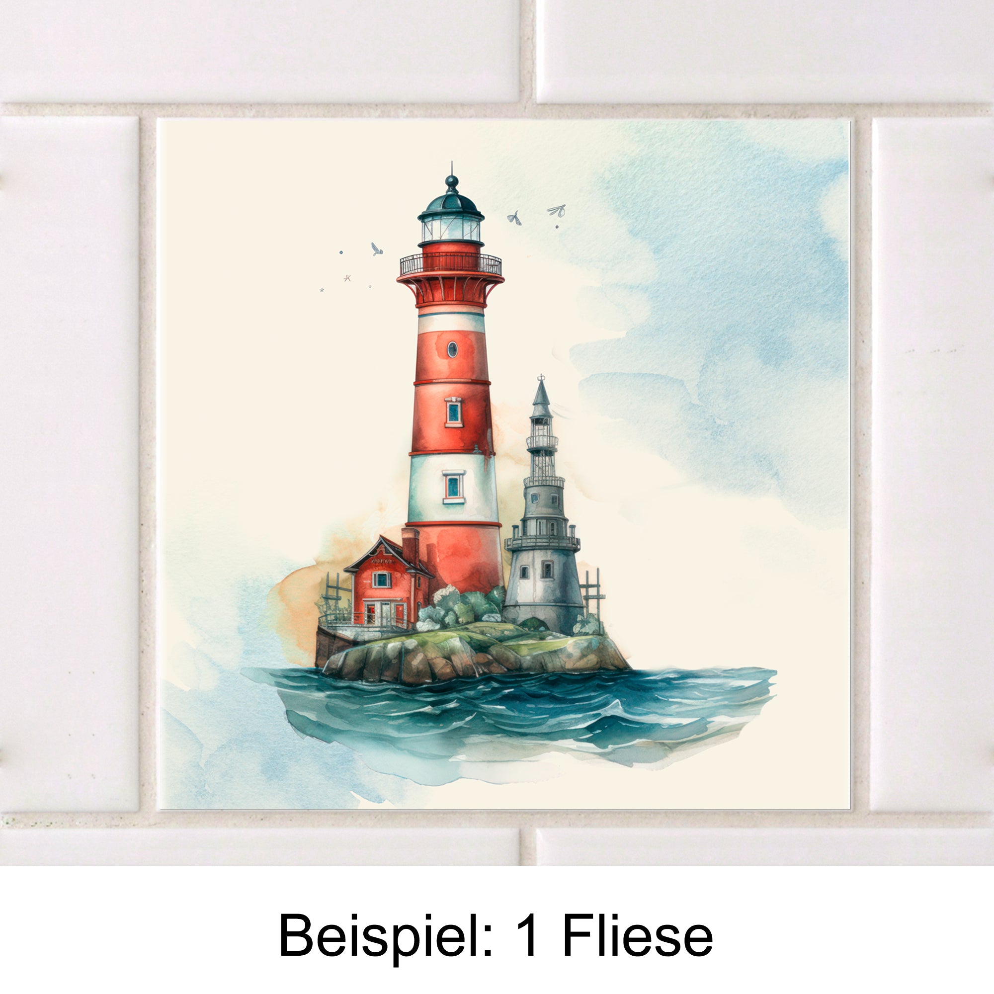 Wasserturm in Rot und Weiß, maritime Landschaft, sanfte Farben.