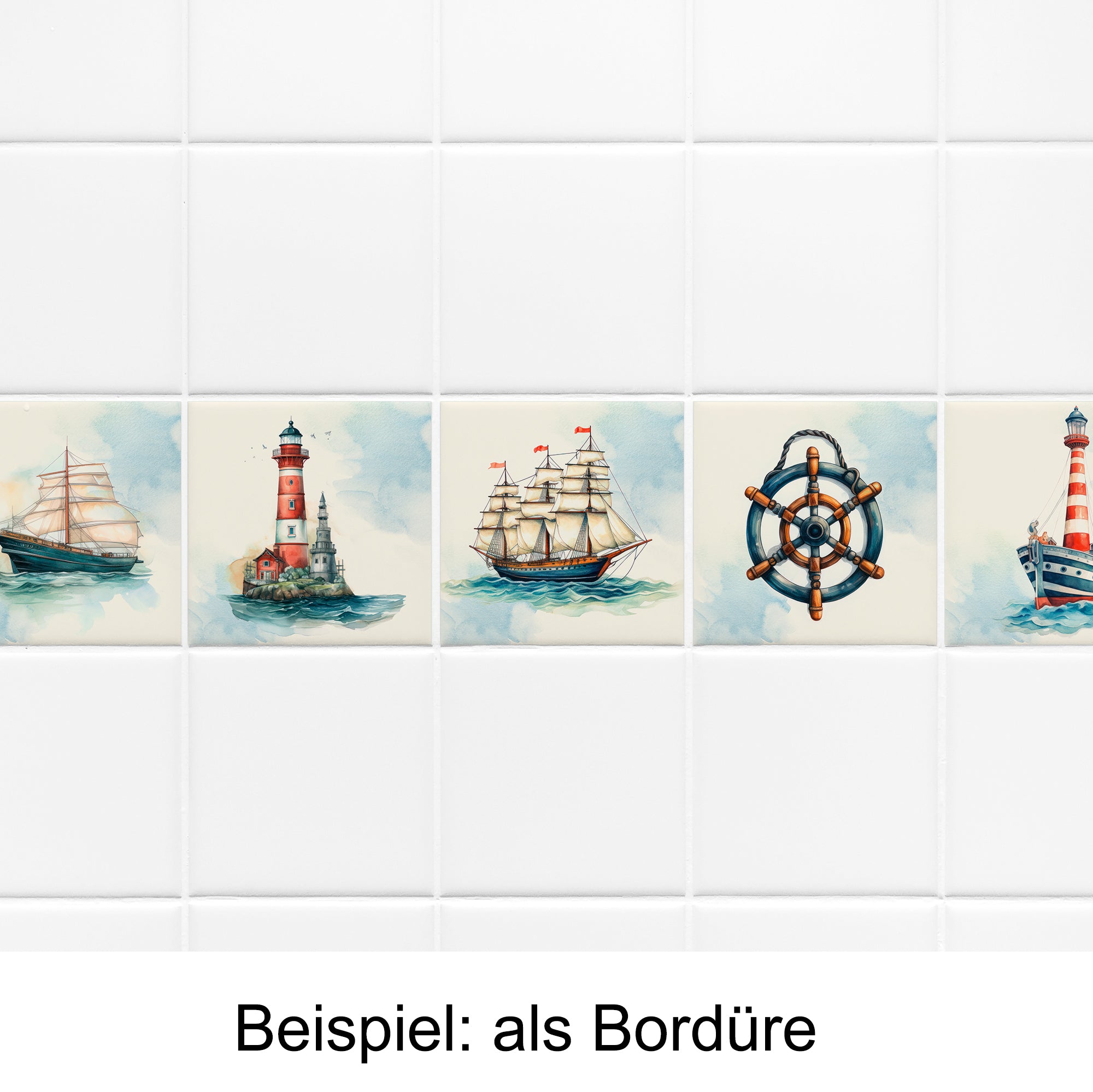 Maritime Bordüre mit Schiffen und Leuchttürmen in sanften Farben.