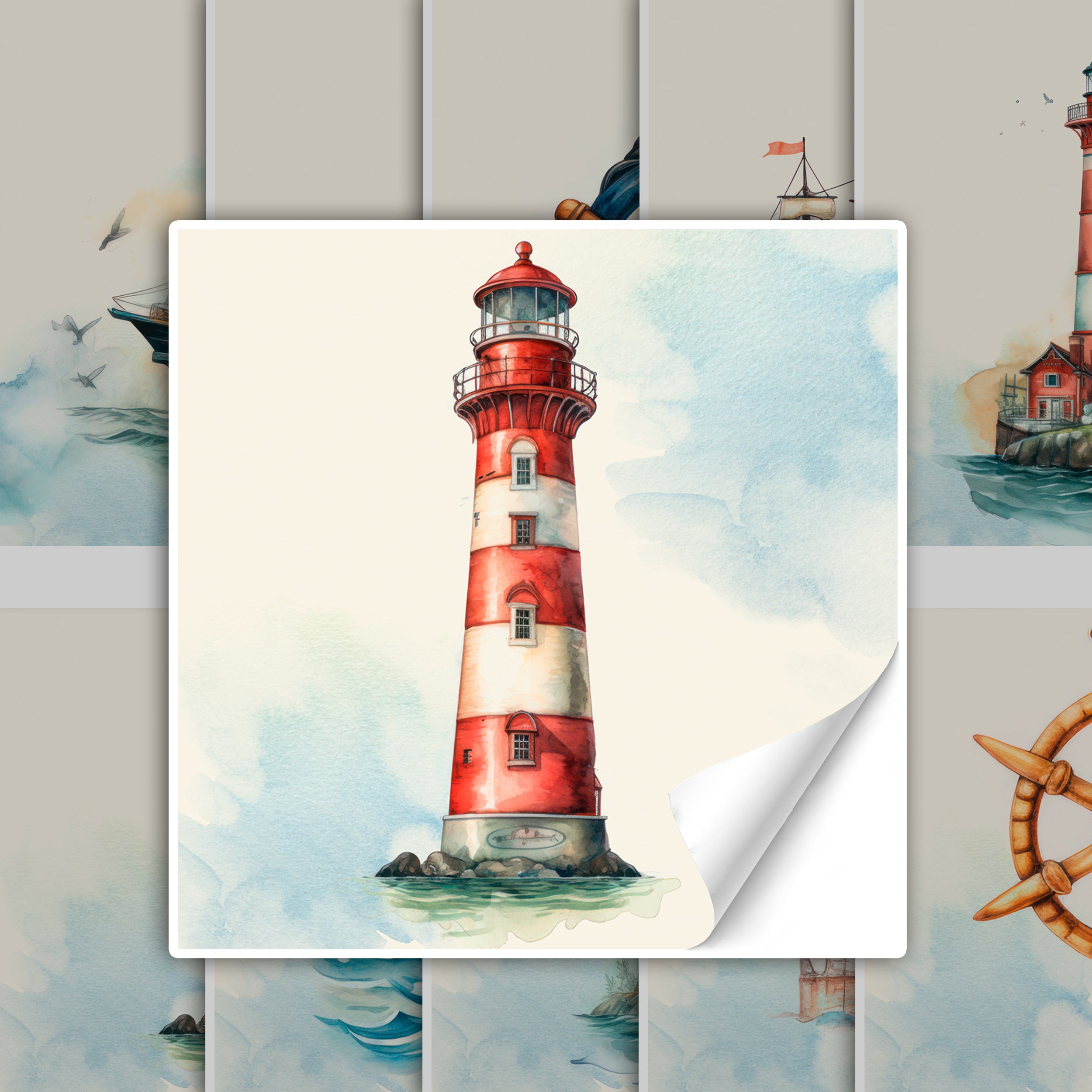 Roter und weißer Leuchtturm mit Wasserfarben-Hintergrund.