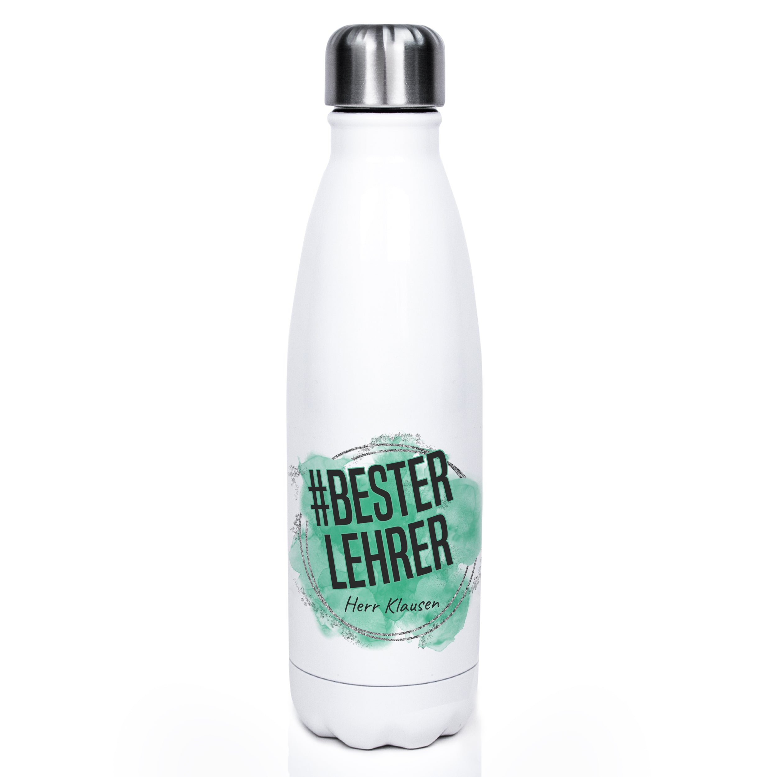 Weiße Edelstahl-Trinkflasche mit Aufschrift "#BESTERLEHRER".