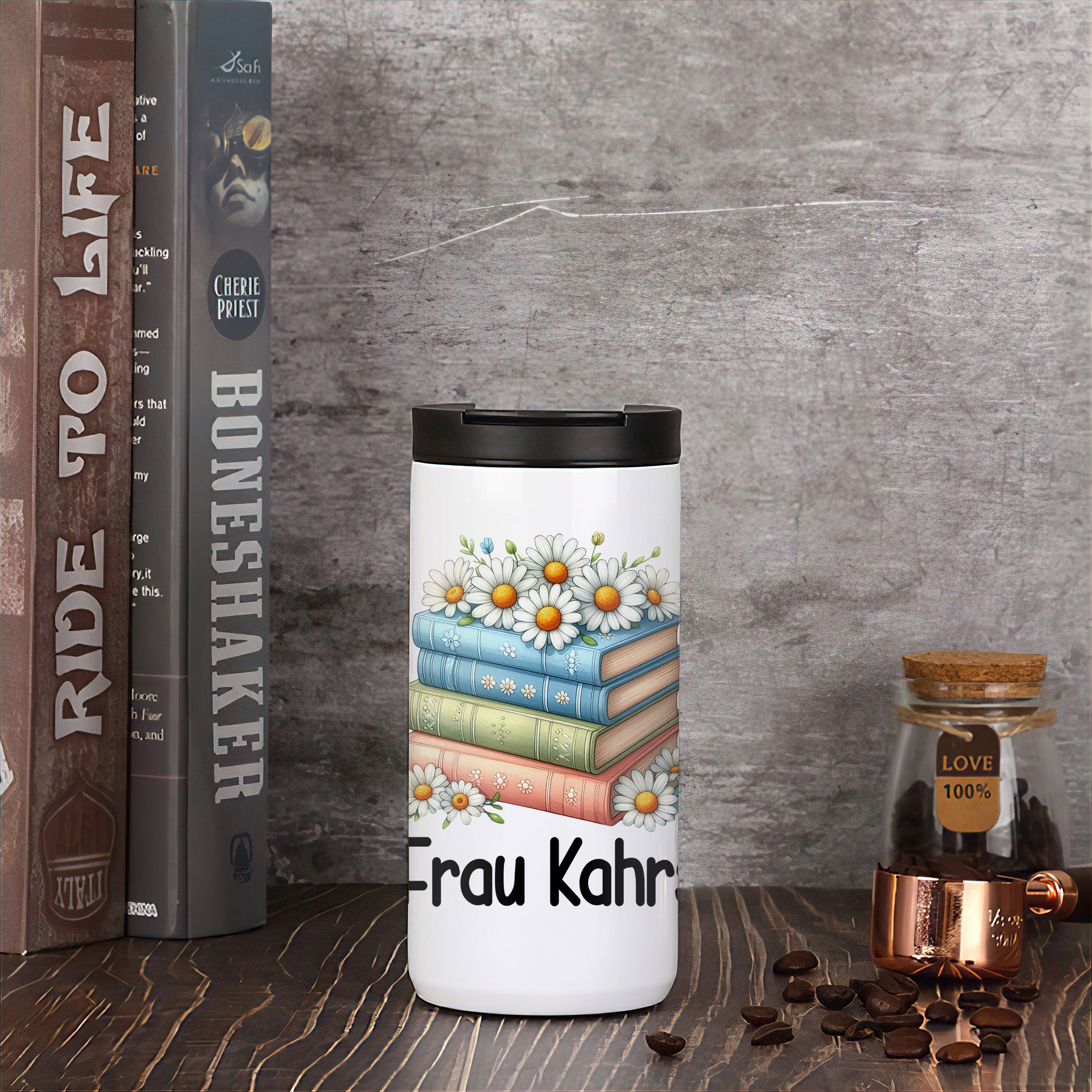 Kaffeebecher Thermo mit Bücher-Motiv