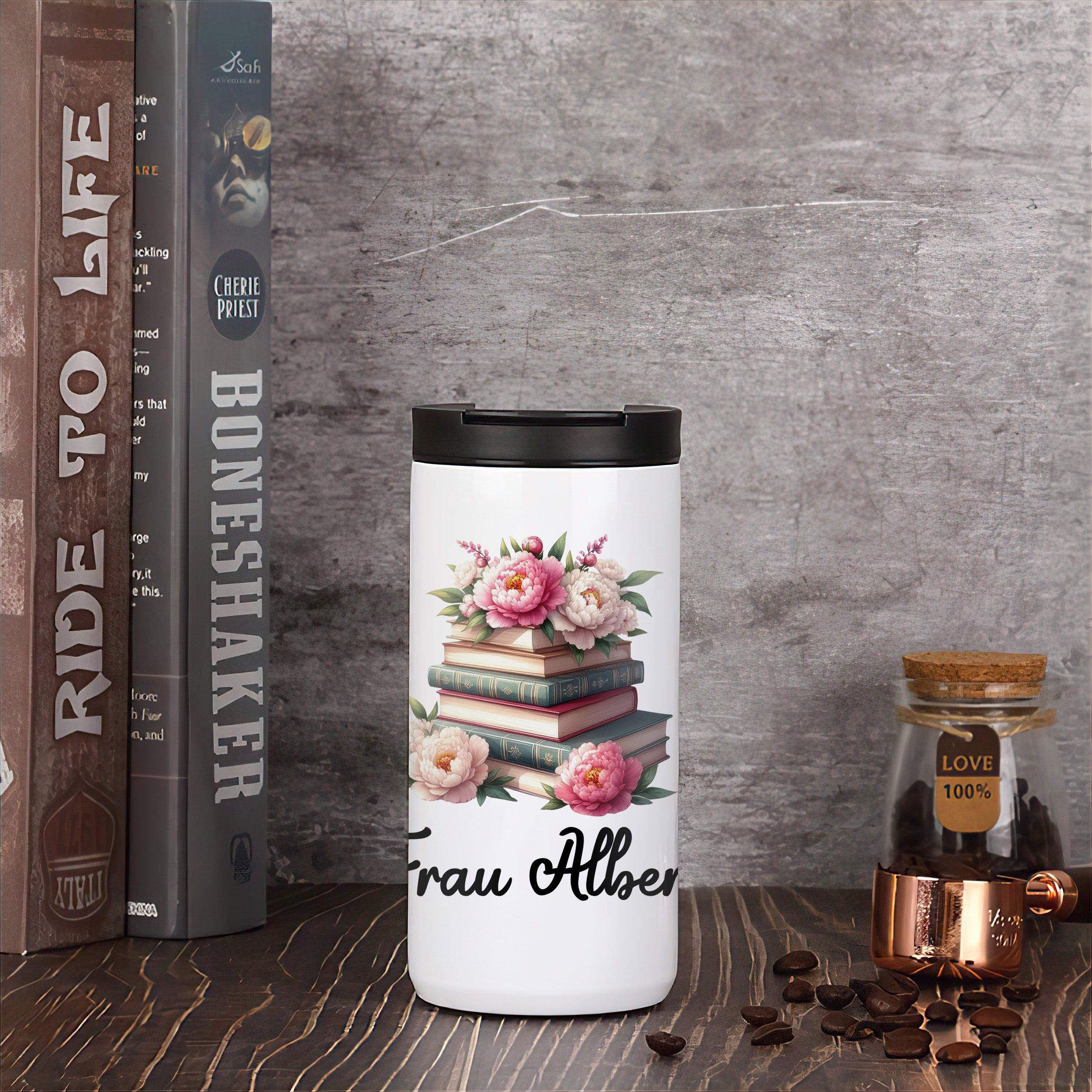 Kaffeebecher Thermo mit Bücher-Motiv