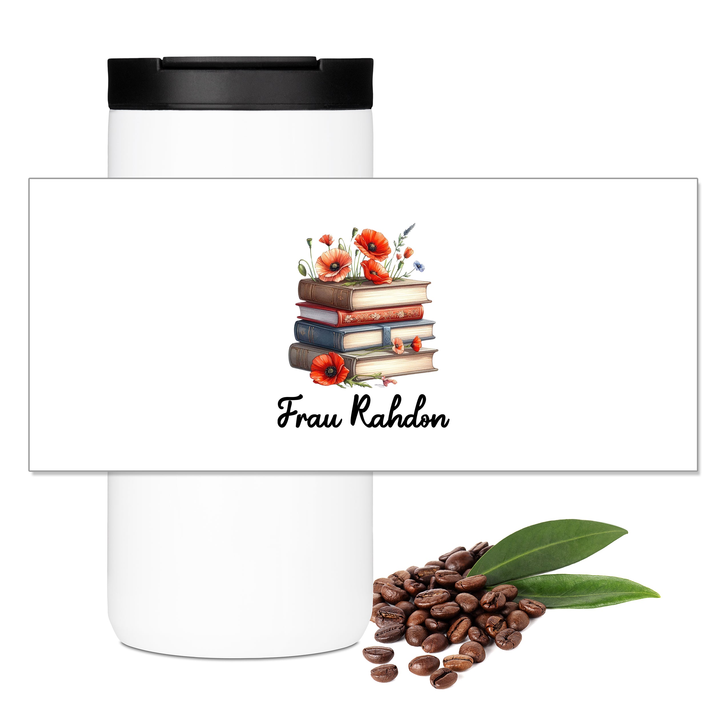 Kaffeebecher mit Blumen und Büchern