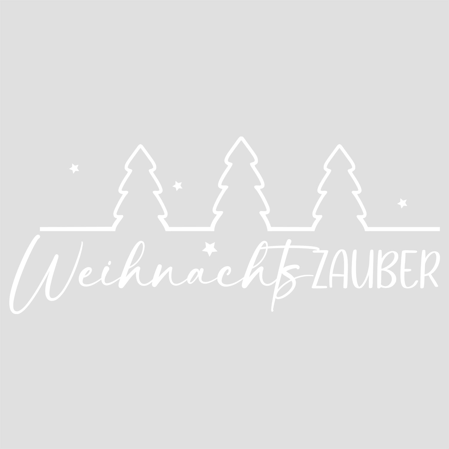 Weihnachtszauber Schriftzug mit Tannenbäumen in Weiß.