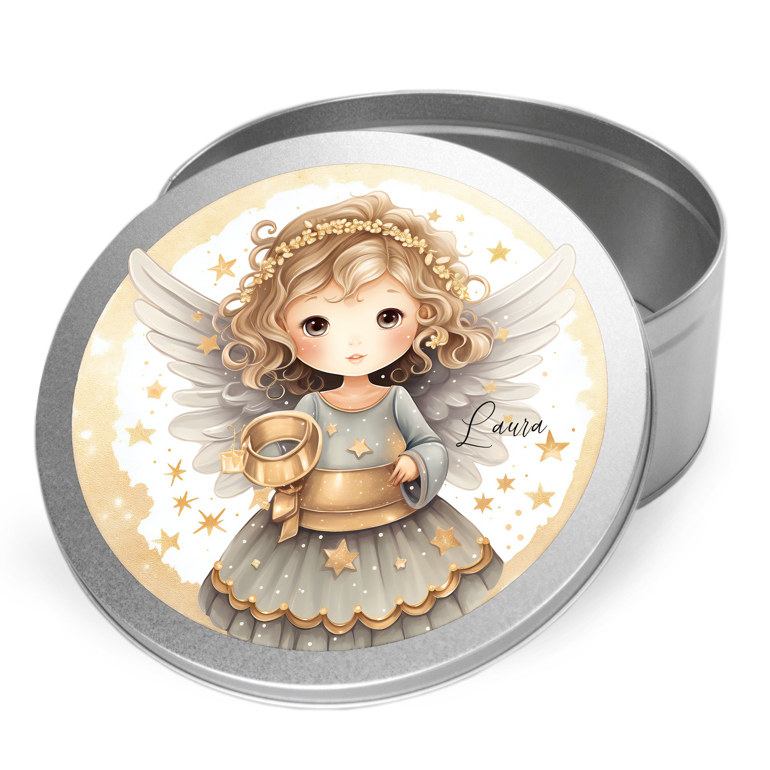 Runde Blechdose mit Engel-Motiv in Grau und Gold.