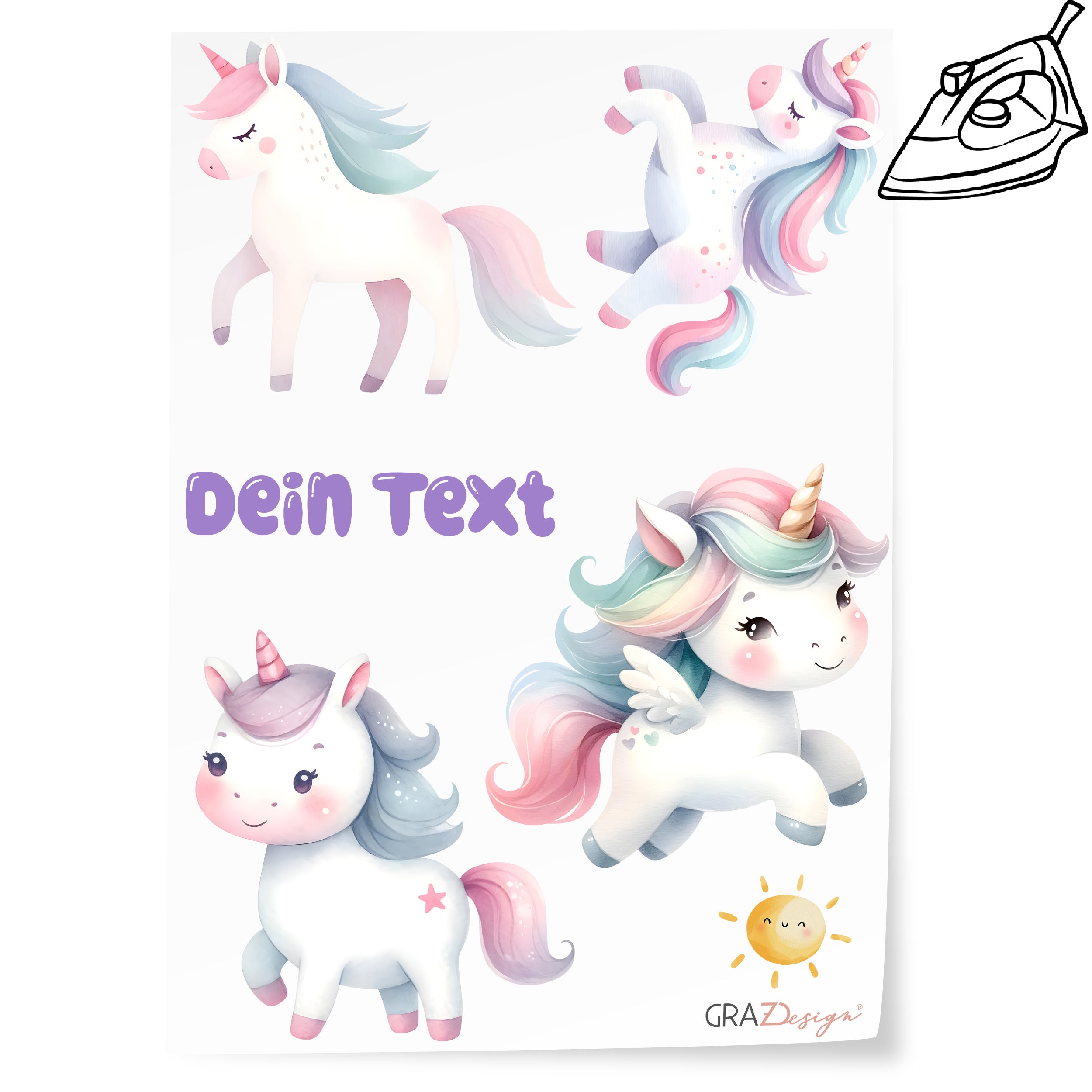 Vier bunte Einhörner mit Pastellfarben und Text.