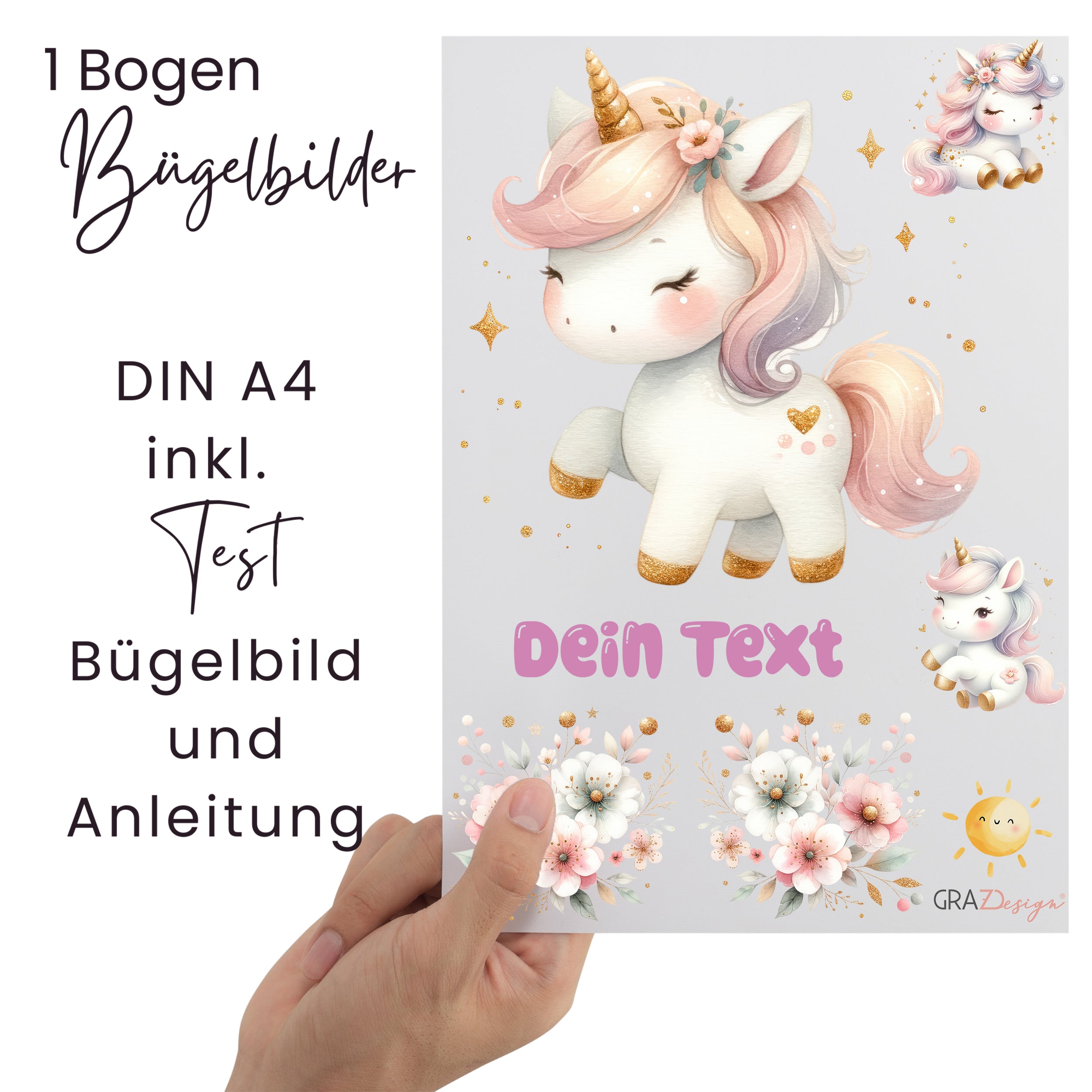 Bügelbilder mit Einhorn-Motiv auf A4, rosa und weiß.