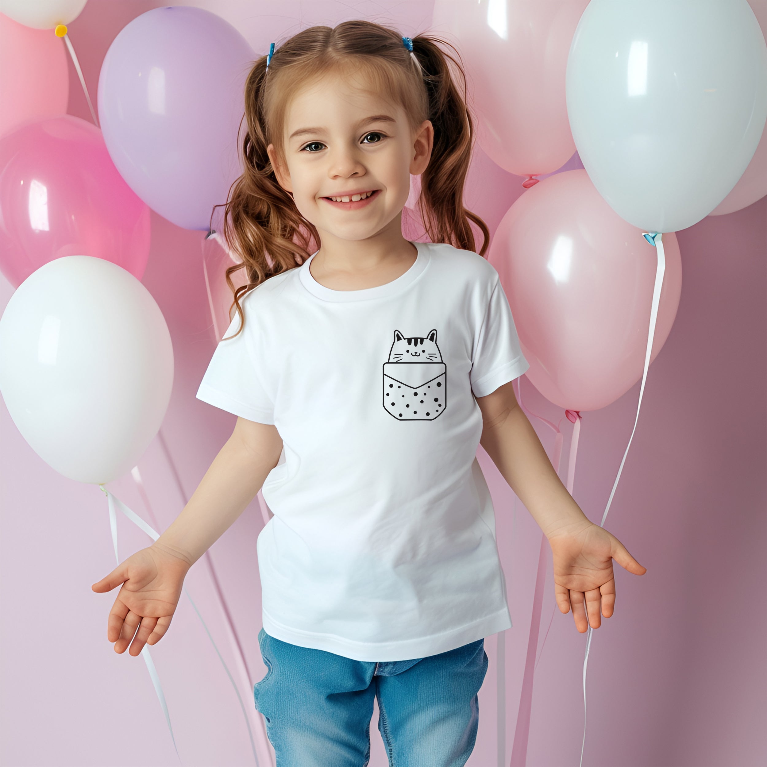 Weißes T-Shirt mit Katzenmotiv, Mädchen mit Ballons.