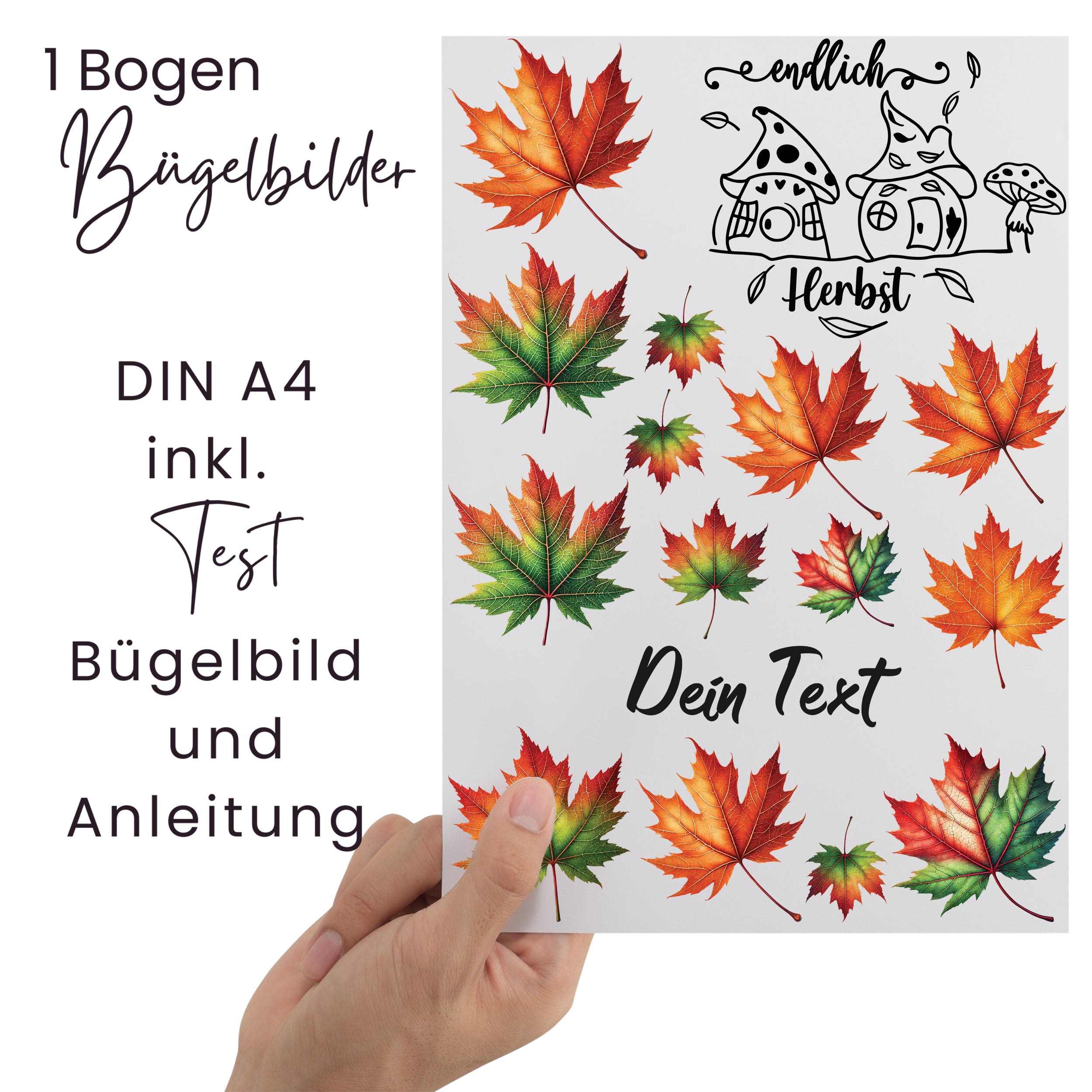Bügelbilder mit bunten Herbstblättern auf A4-Bogen.
