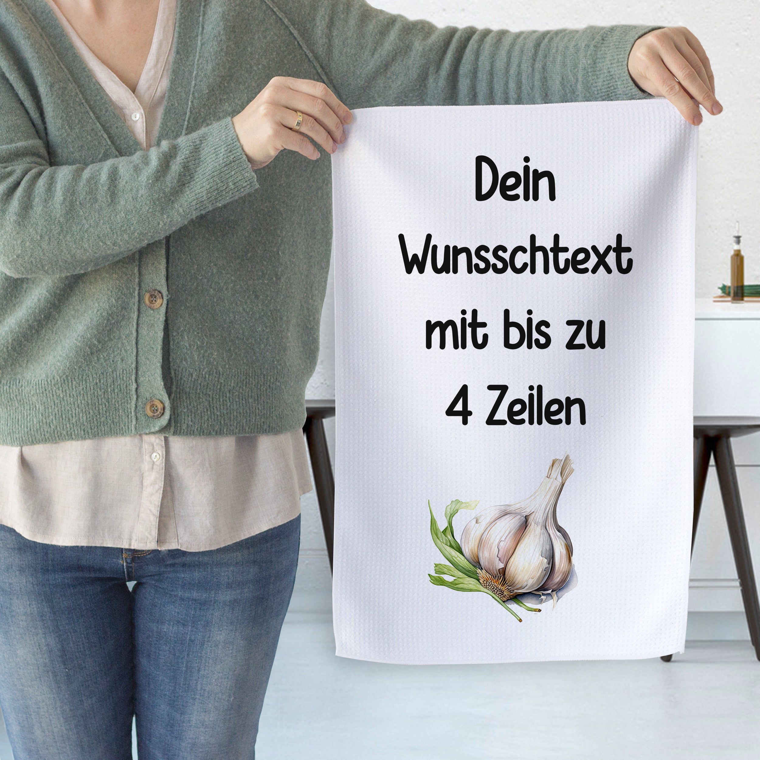 Geschirrtuch Knoblauch - Wunschtext bis zu 4 Zeilen