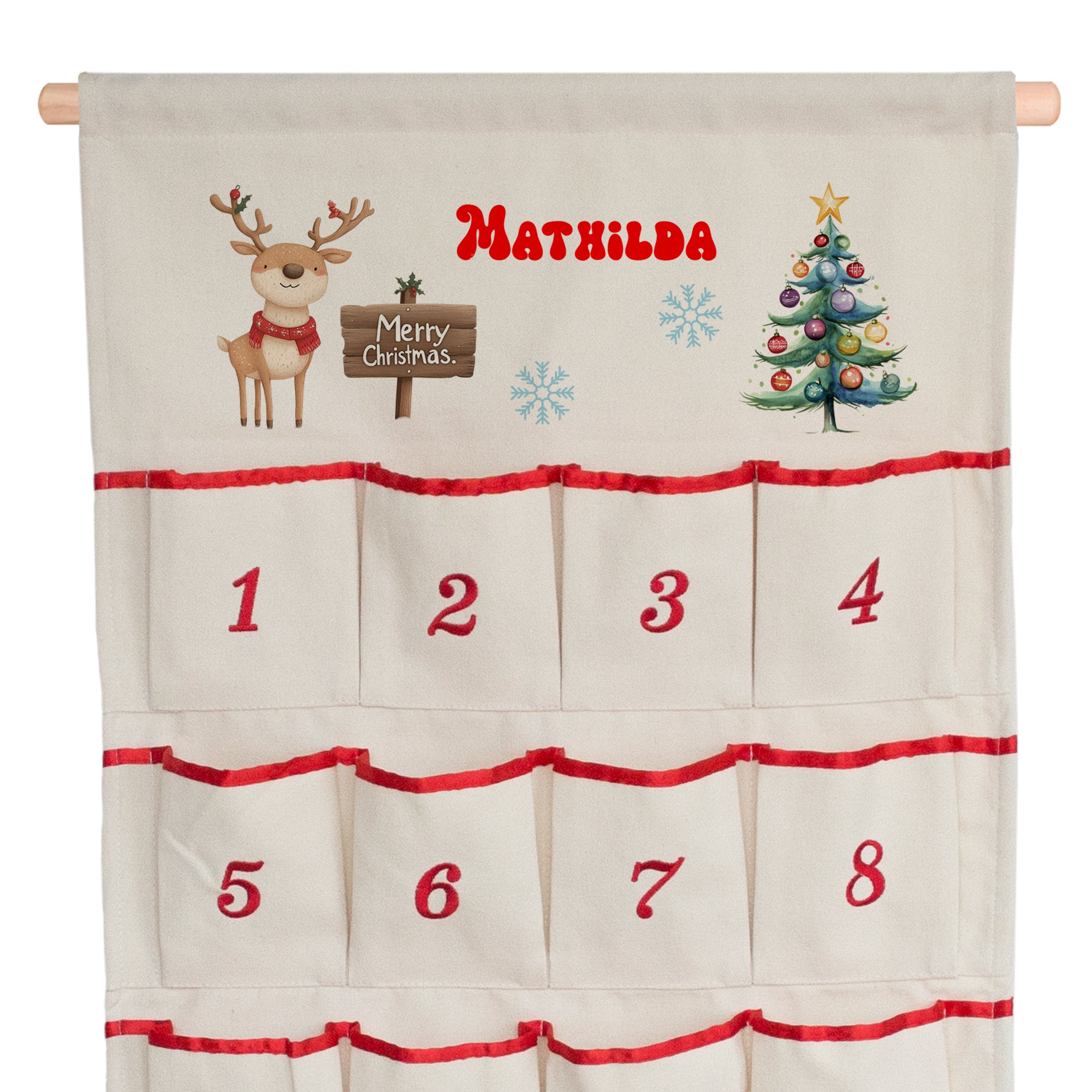 Adventskalender mit Weihnachtsbaum, Rentier und personalisiertem Namen.