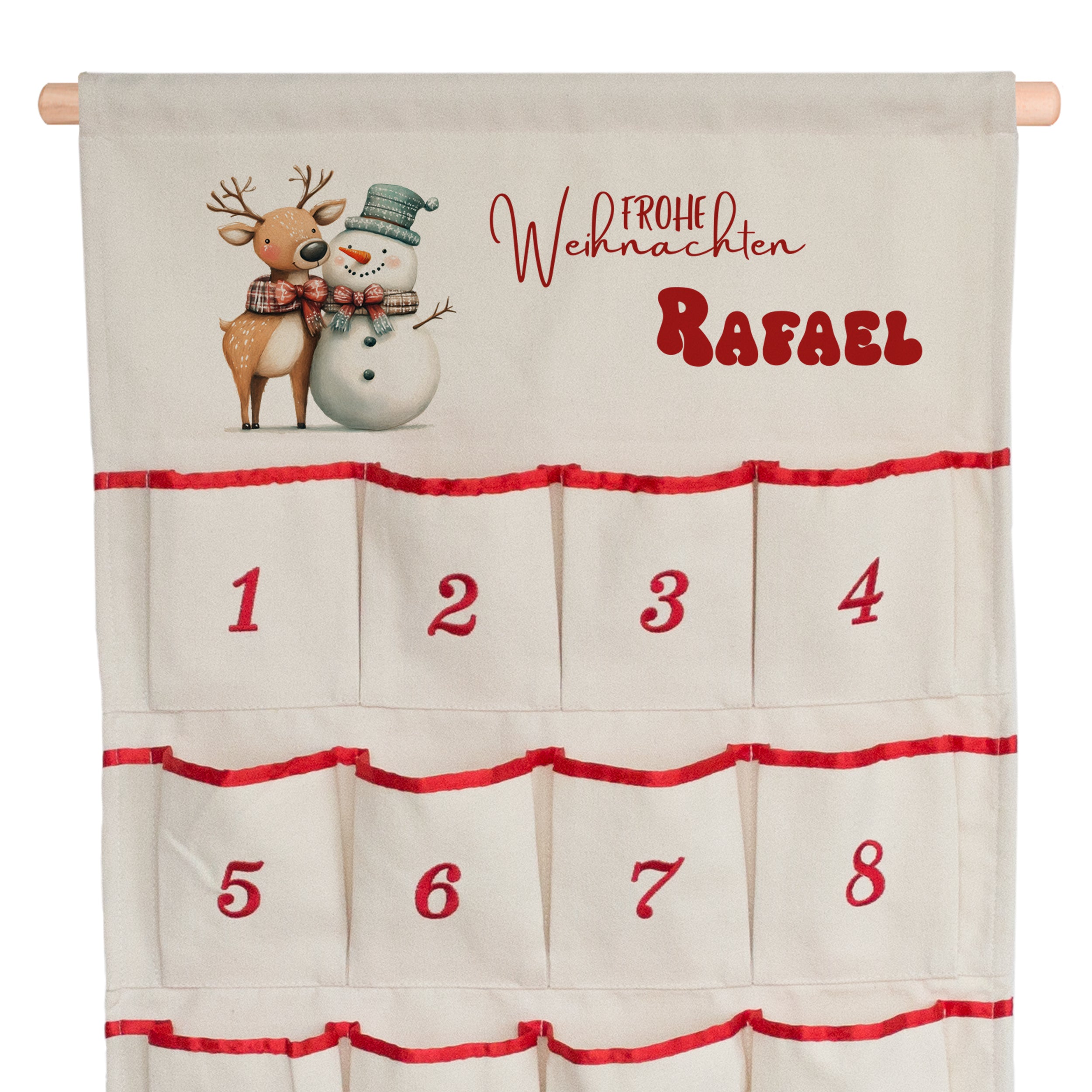 Adventskalender mit Rentier und Schneemann, beige mit roten Details.