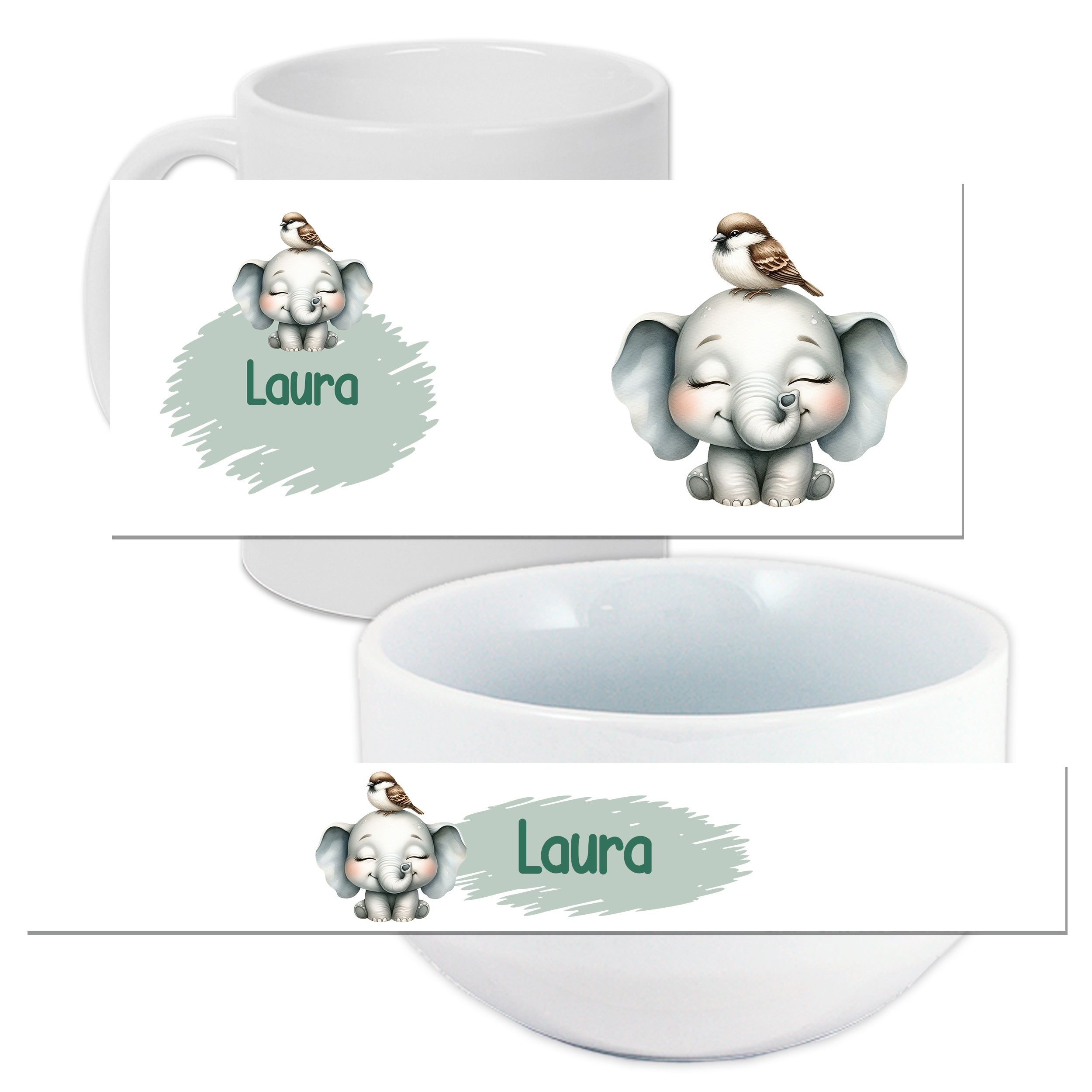 Personalisierte Tasse und Schüssel mit Elefant und Vogel.