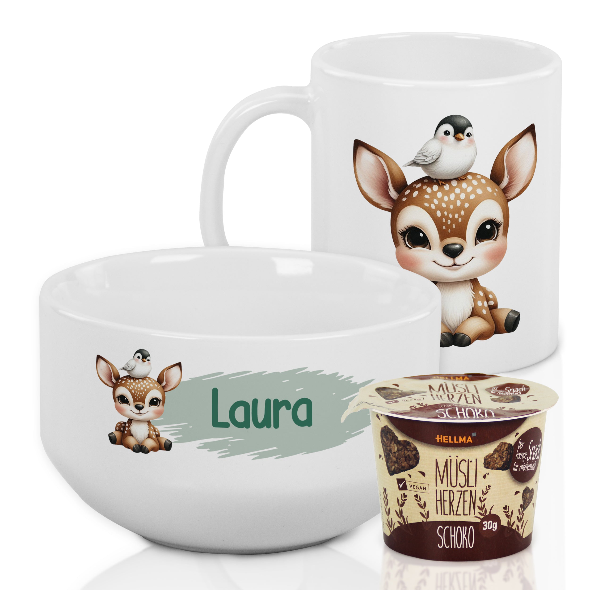 Tasse und Schüssel mit niedlichem Reh-Design, personalisiert.