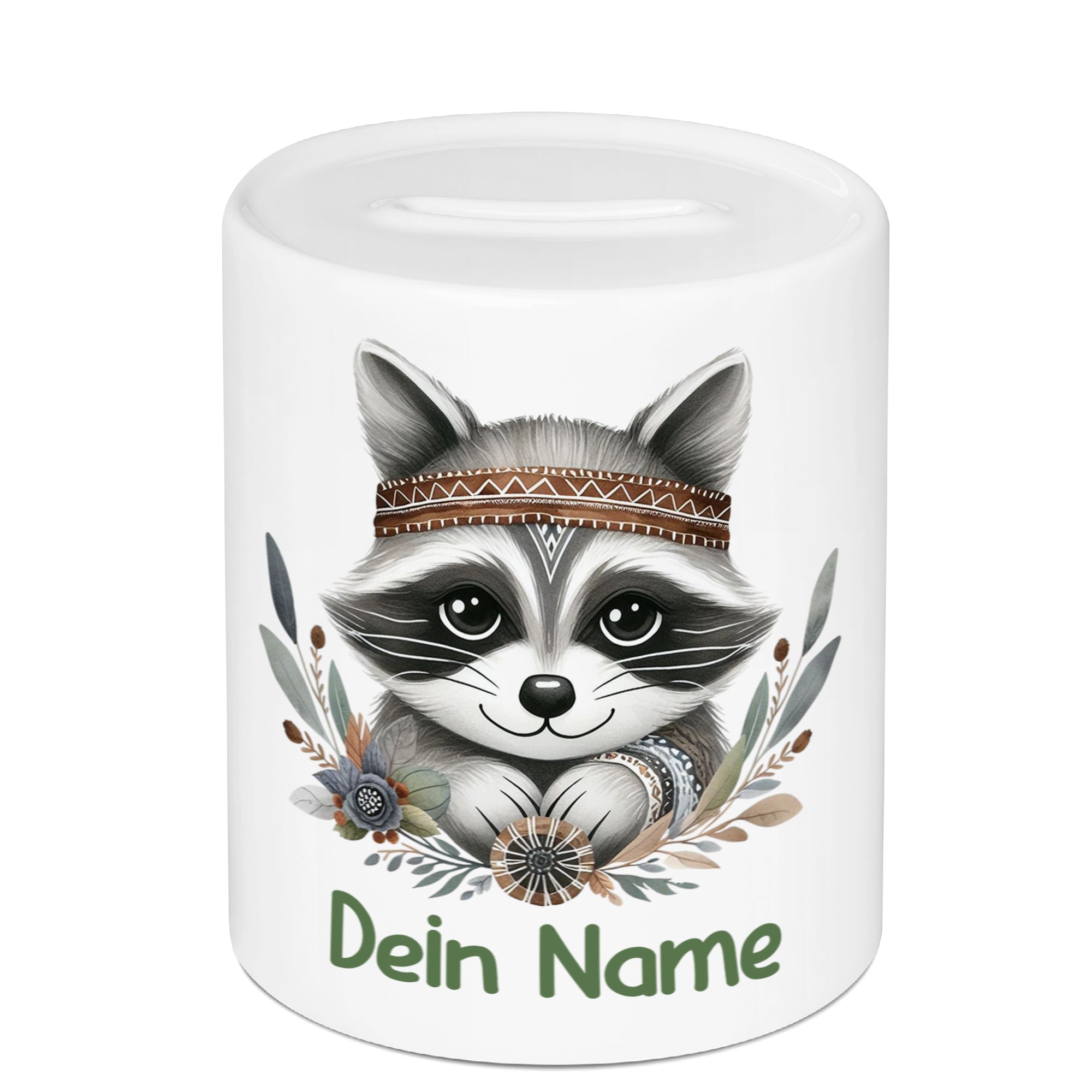 Spardose Waschbär mit Federn