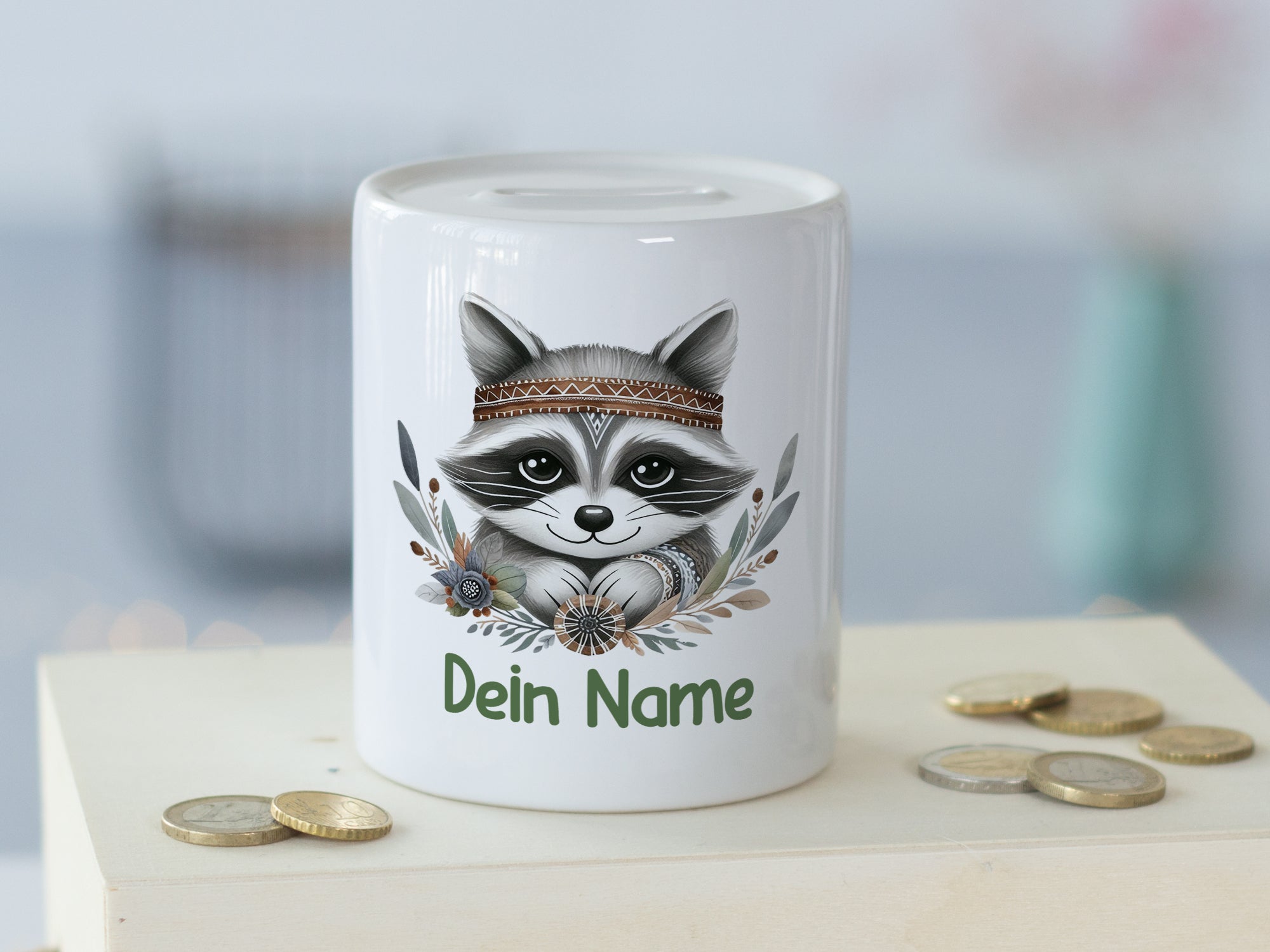 Spardose Waschbär mit Federn