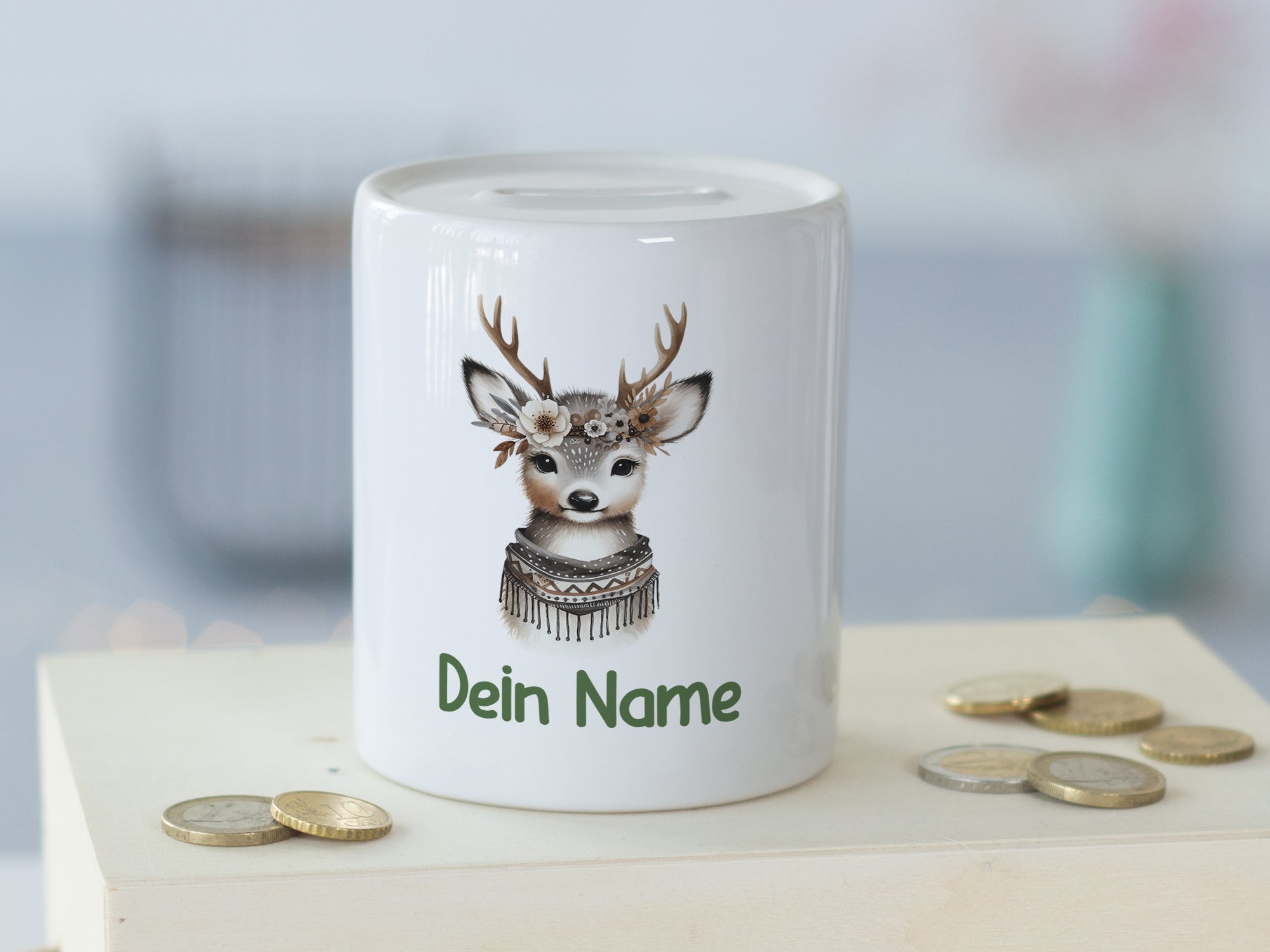 Spardose Reh mit Federn