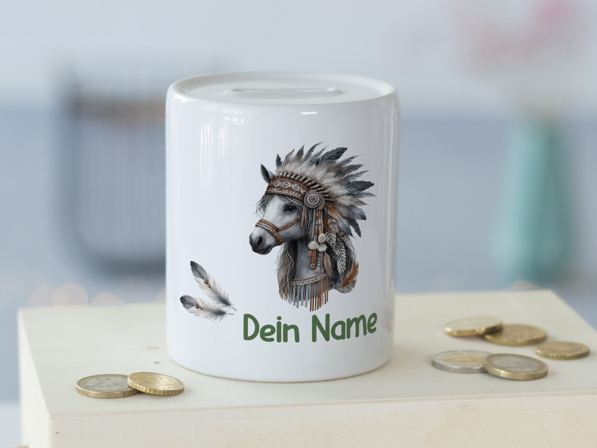 Spardose Pferd mit Federn