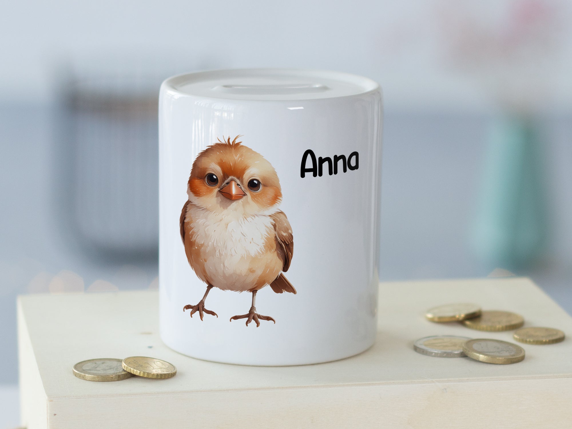 Spardose mit Vogelmotiv
