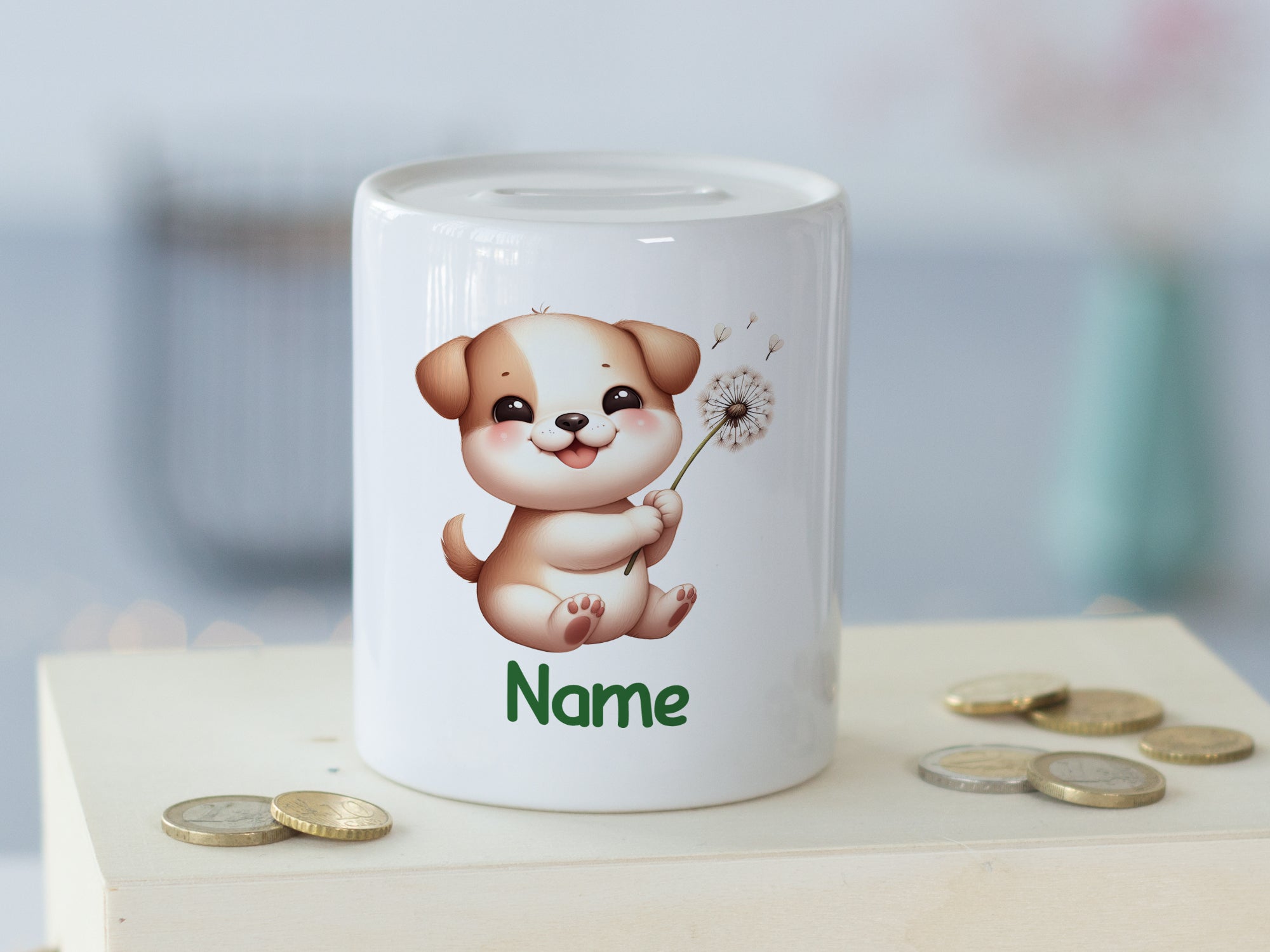 Spardose Hund mit Löwenzahn