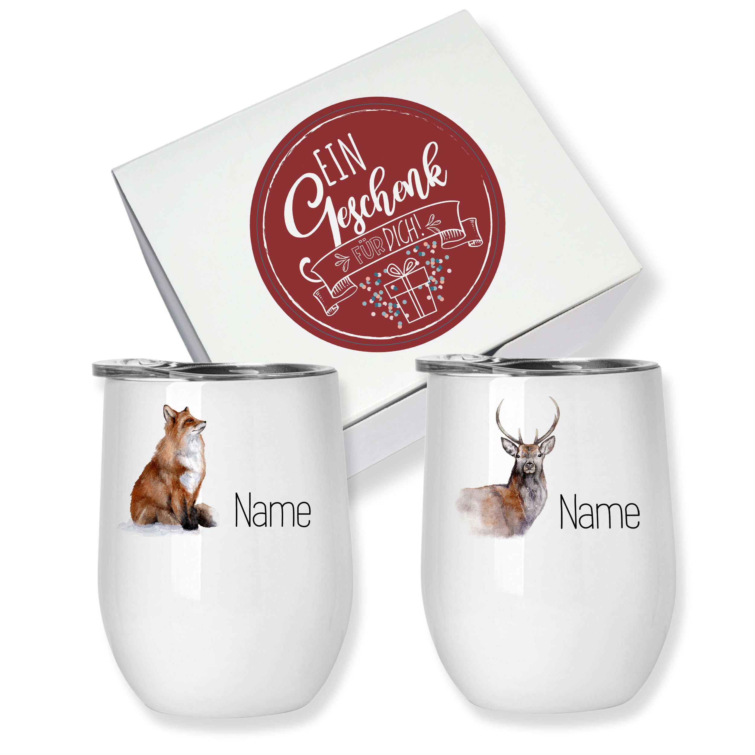 Zwei Glühweinbecher Set mit Fuchs- und Hirschmotiv