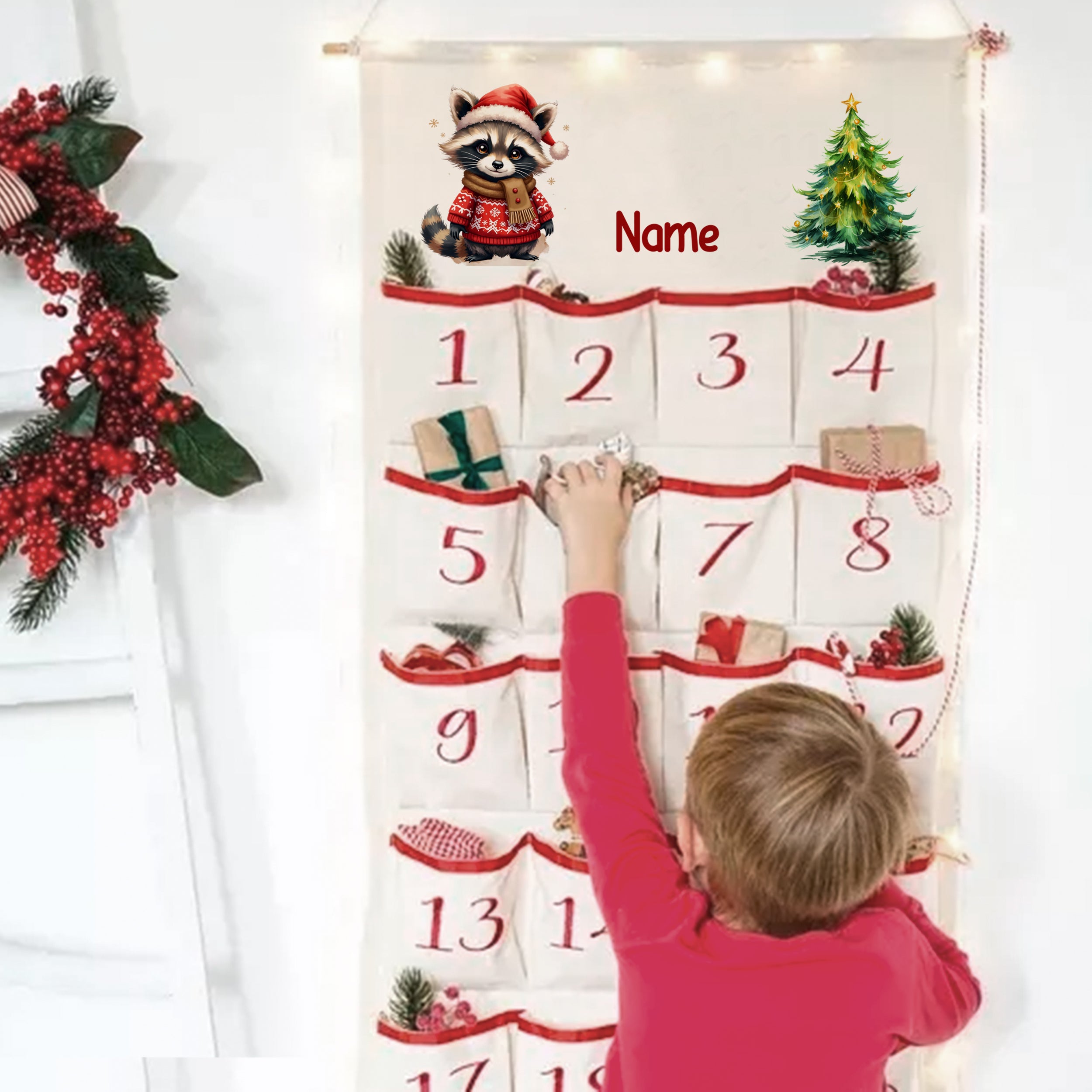 Adventskalender mit Tiermotiv, rot und beige, 24 Taschen.