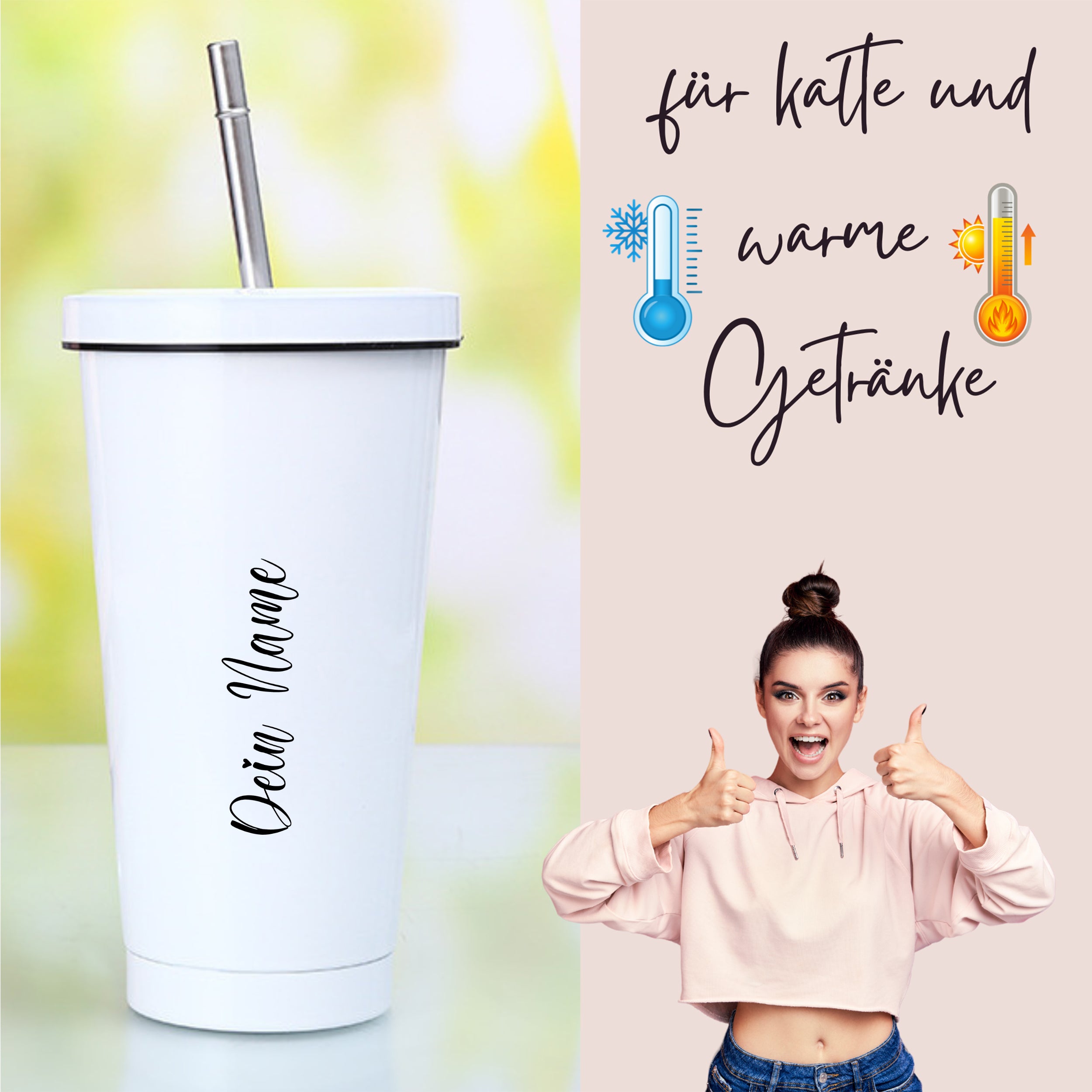 Trinkbecher mit Deckel und Strohhalm