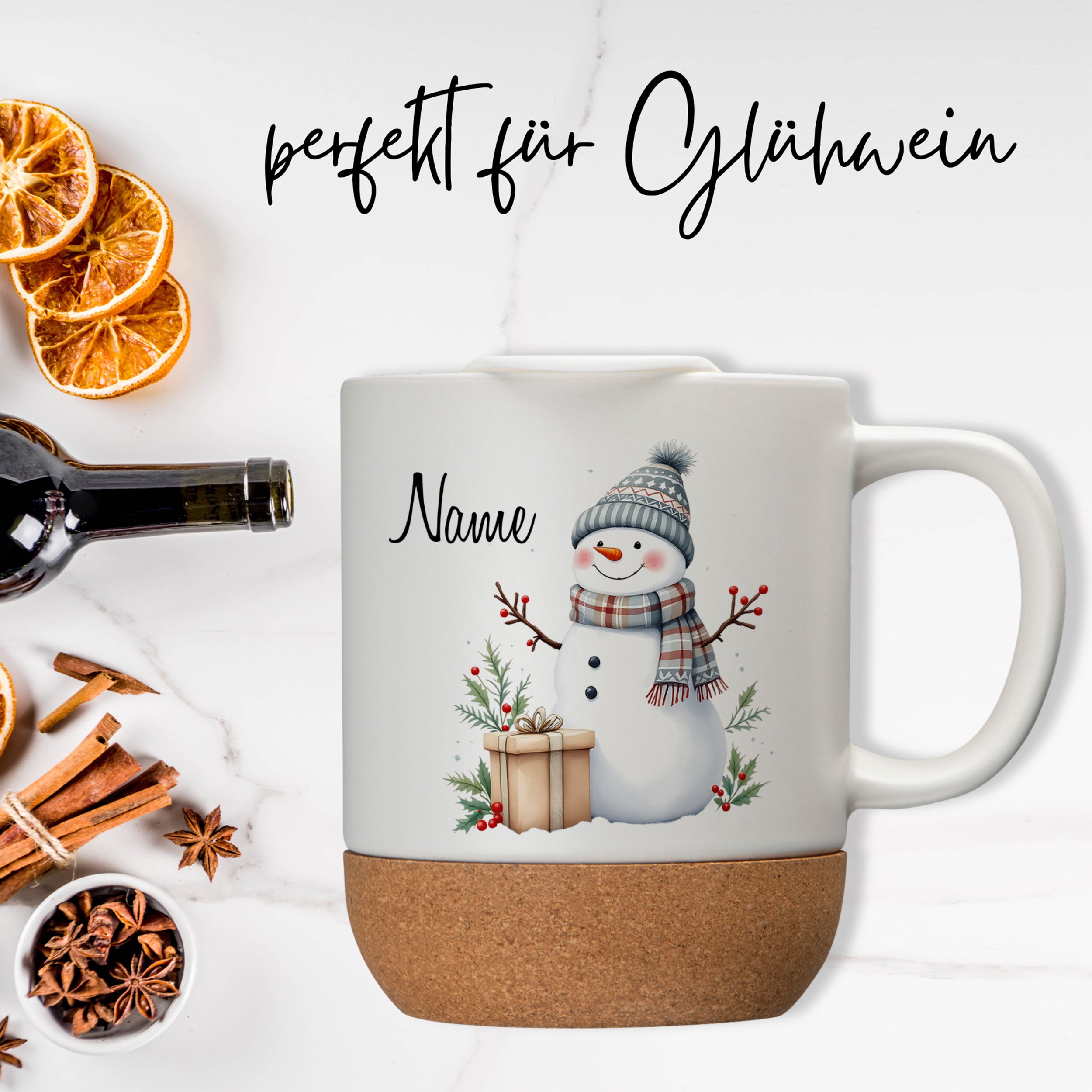 Tasse mit Deckel und Korkboden - Winterliche Gemütlichkeit