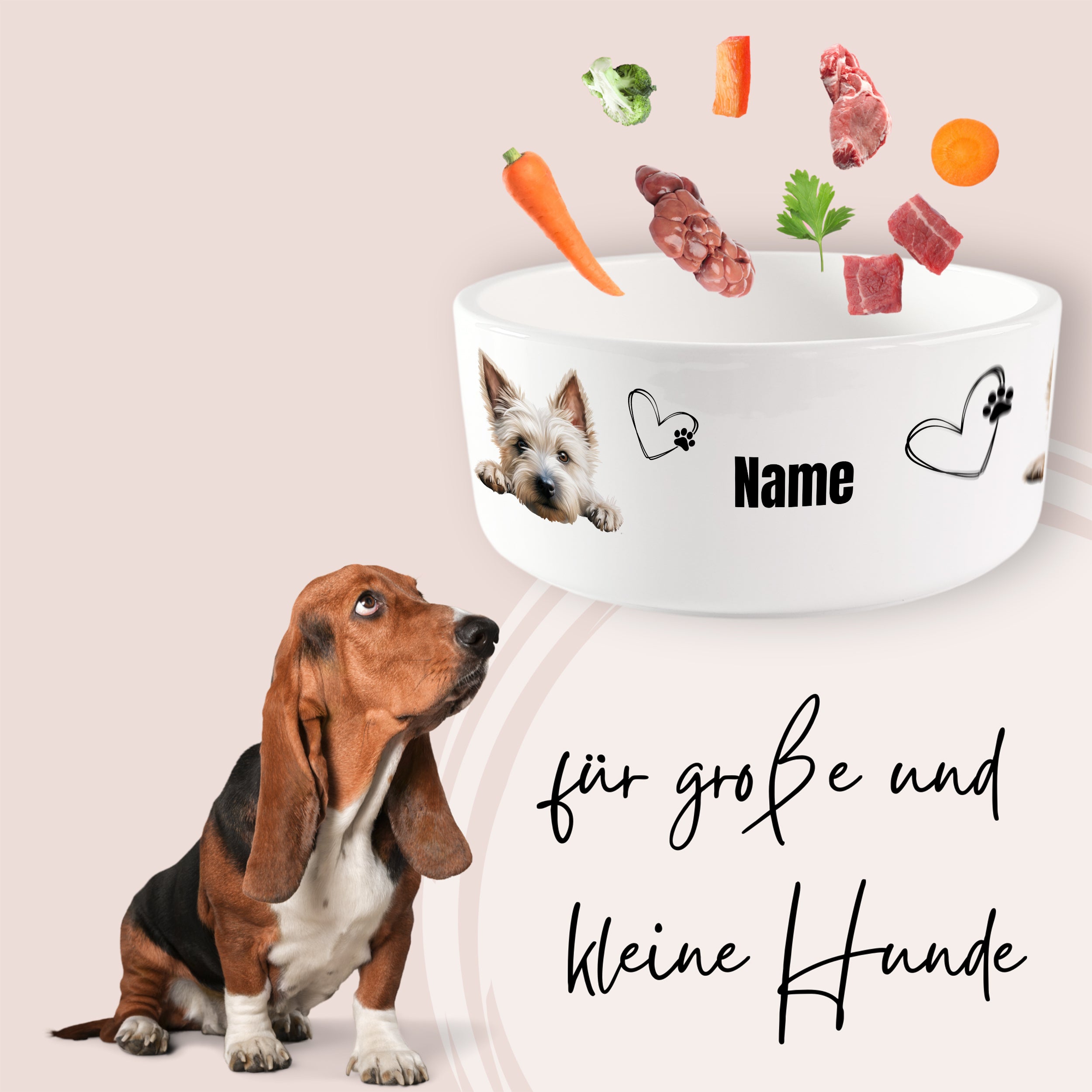 Hundeschüssel in Weiß mit Tiermotiven, für große und kleine Hunde.