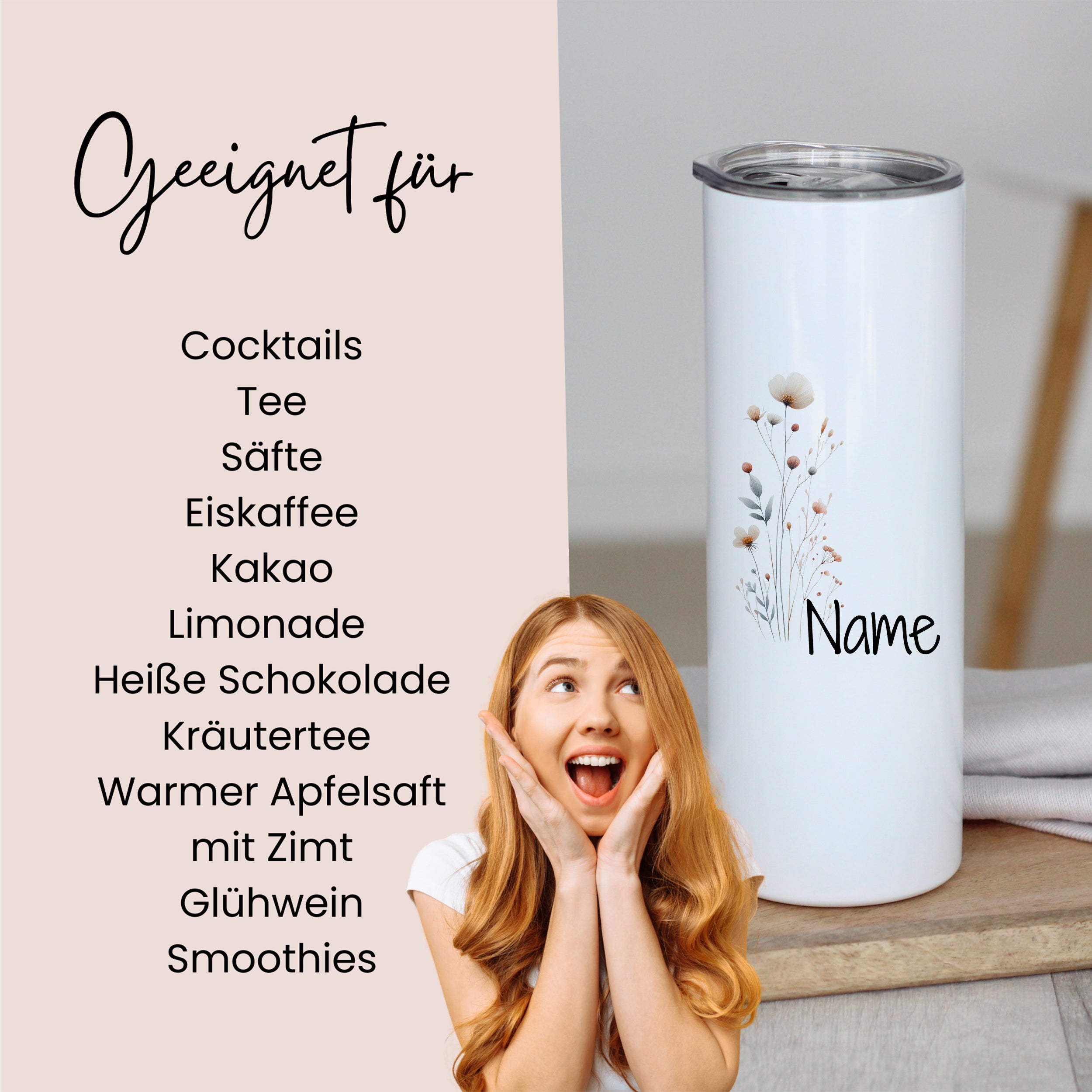 Weißer Thermobecher mit Blumenmotiv und personalisierbarem Namen.