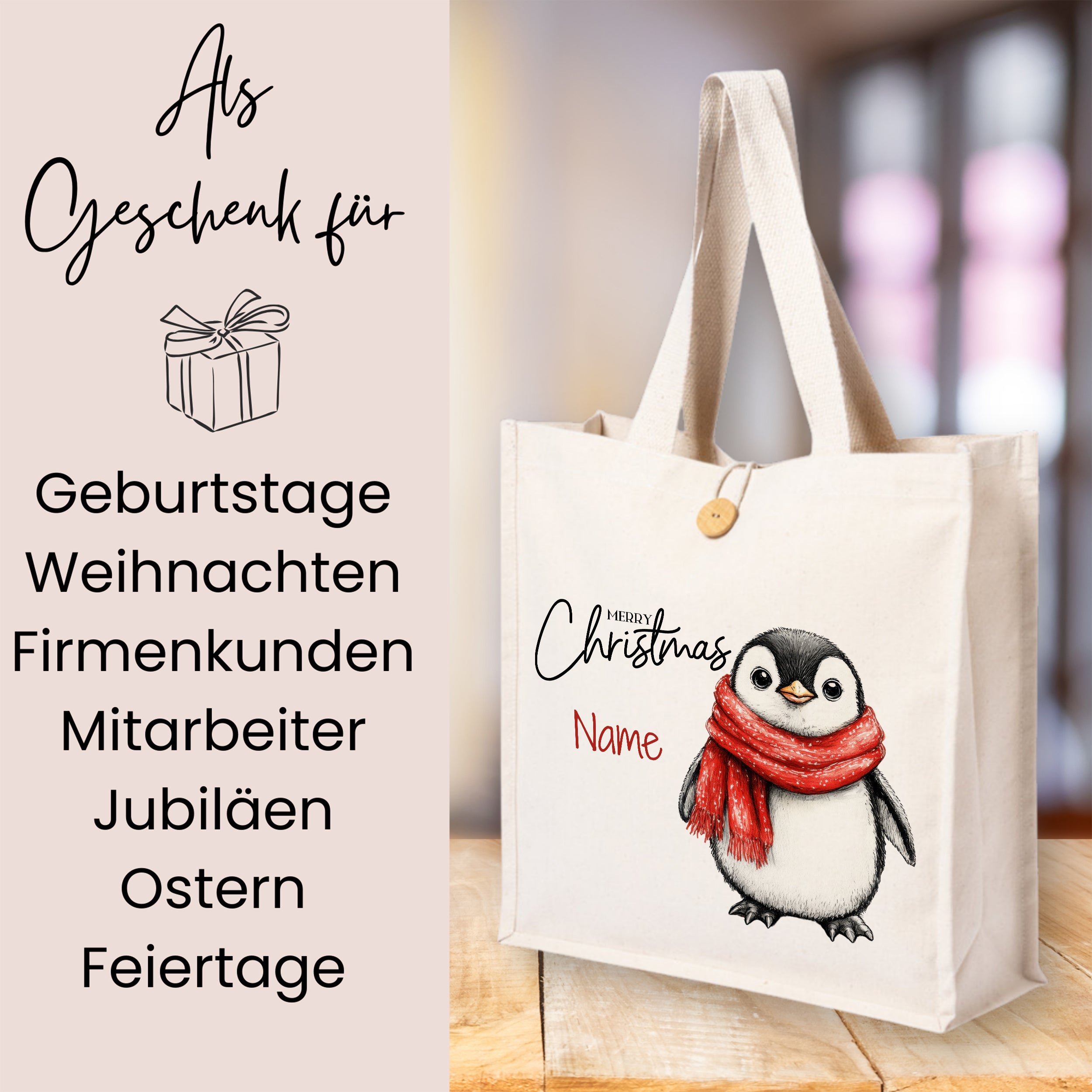 Beige Stofftasche mit Pinguin und rotem Schal.