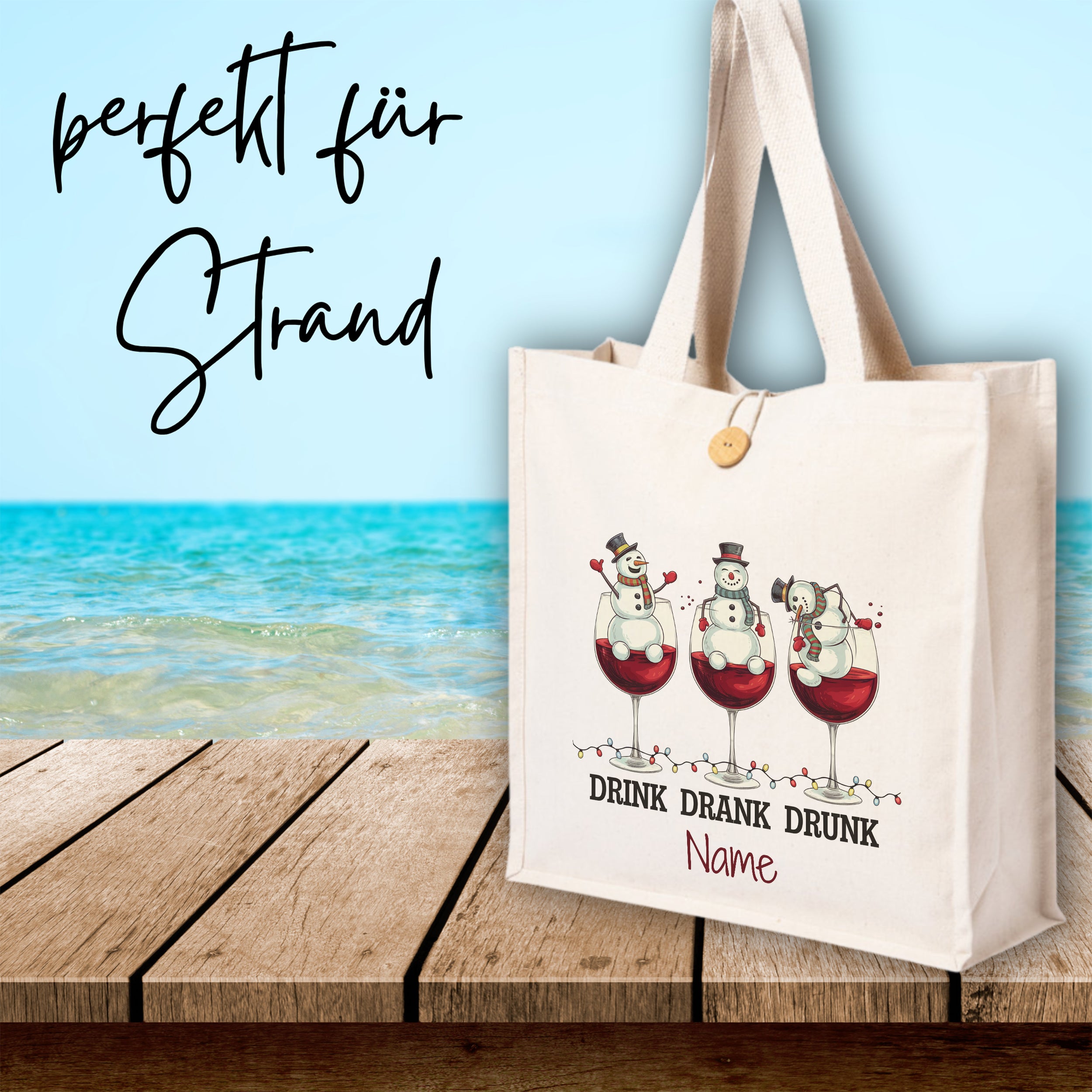 Beige Strandtasche mit Schneemännern und „Drink Drank Drunk“.