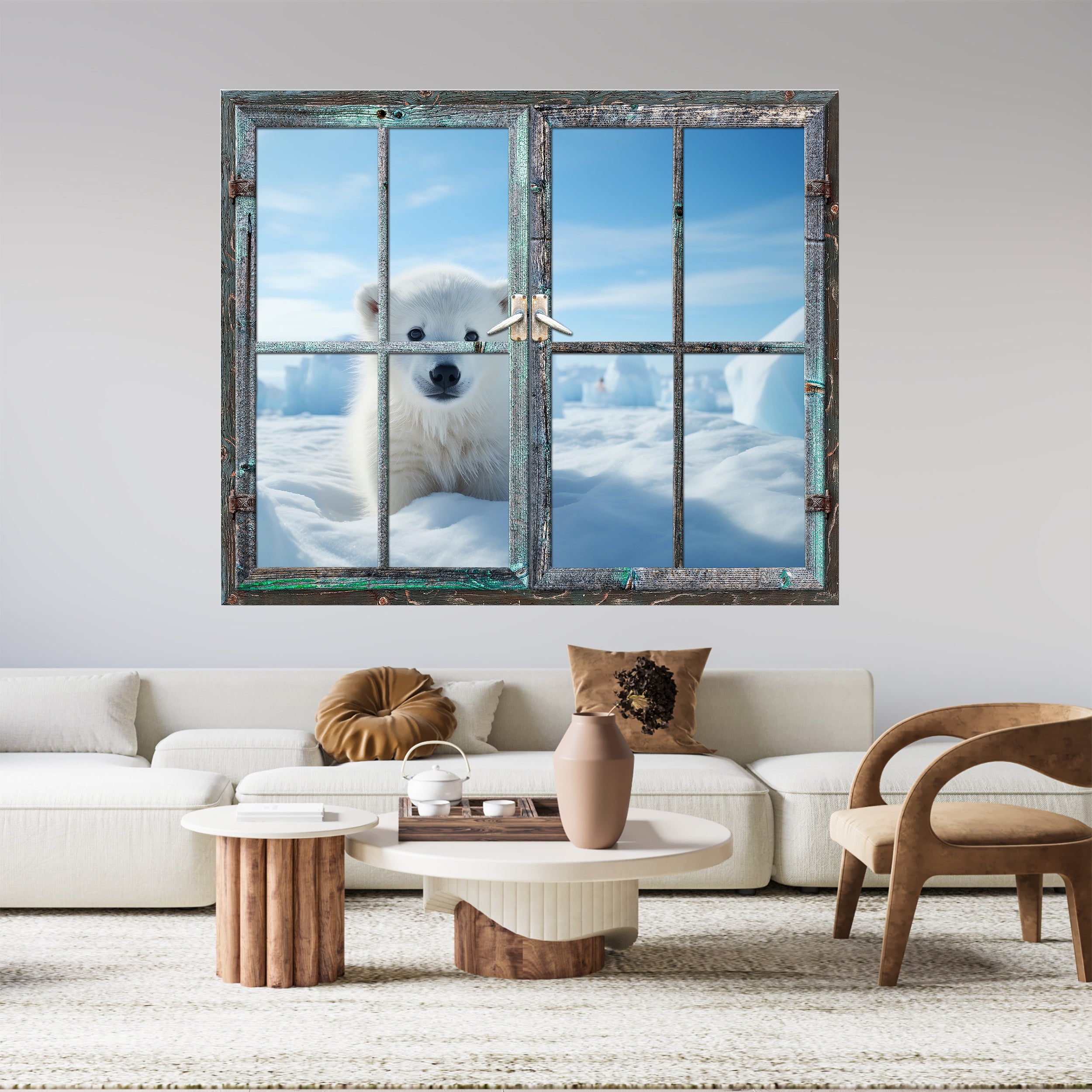 Eisbär schaut durch ein rustikales Fenster auf Schnee.
