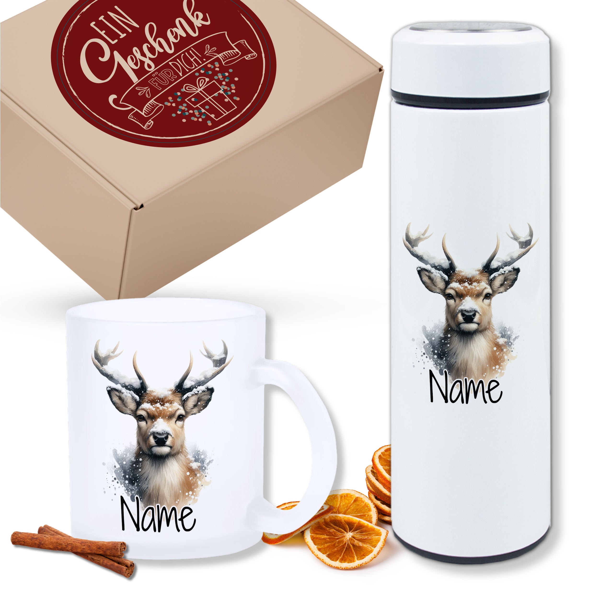 Geschenkset Teeflasche mit Tasse Hirsch