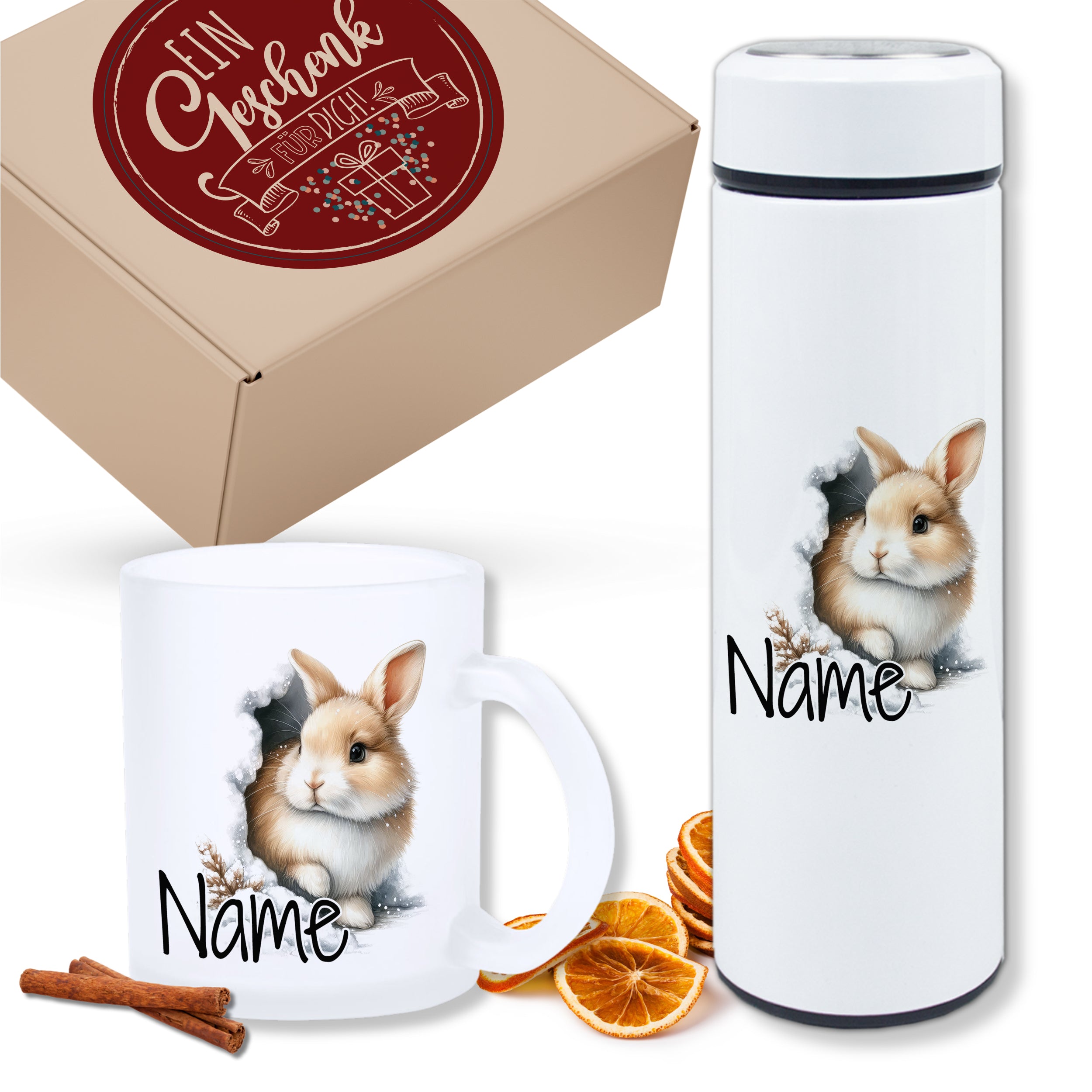 Geschenkset Teeflasche mit Tasse - Kuschelige Hasenfreunde