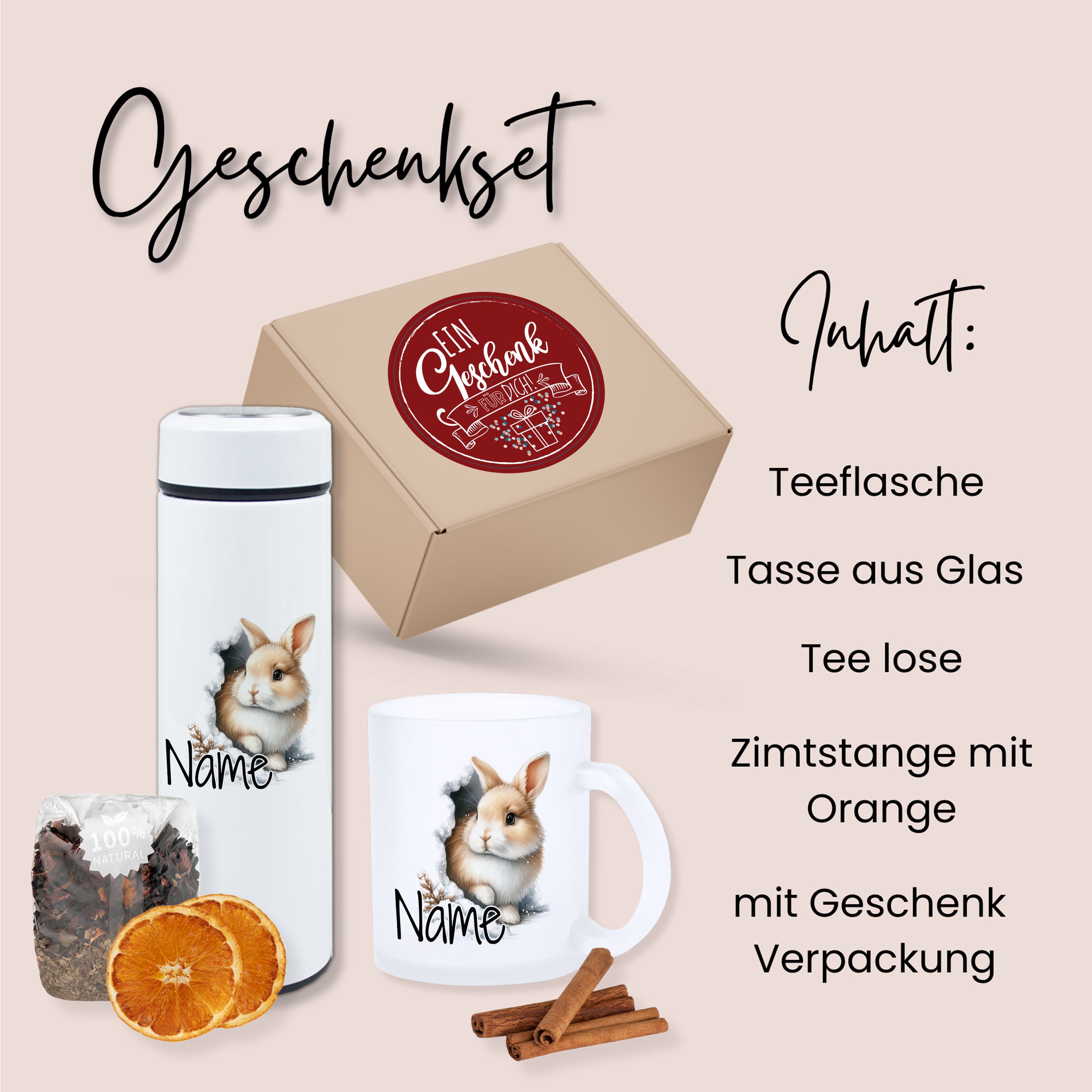 Geschenkset Teeflasche mit Tasse - Kuschelige Hasenfreunde