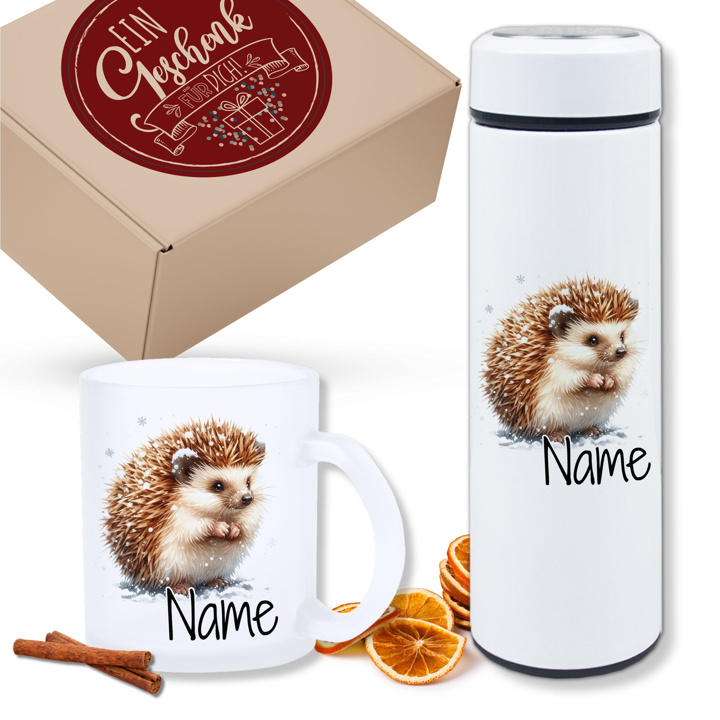Geschenkset Teeflasche mit Tasse - Ein kuscheliger Igel für warme Momente