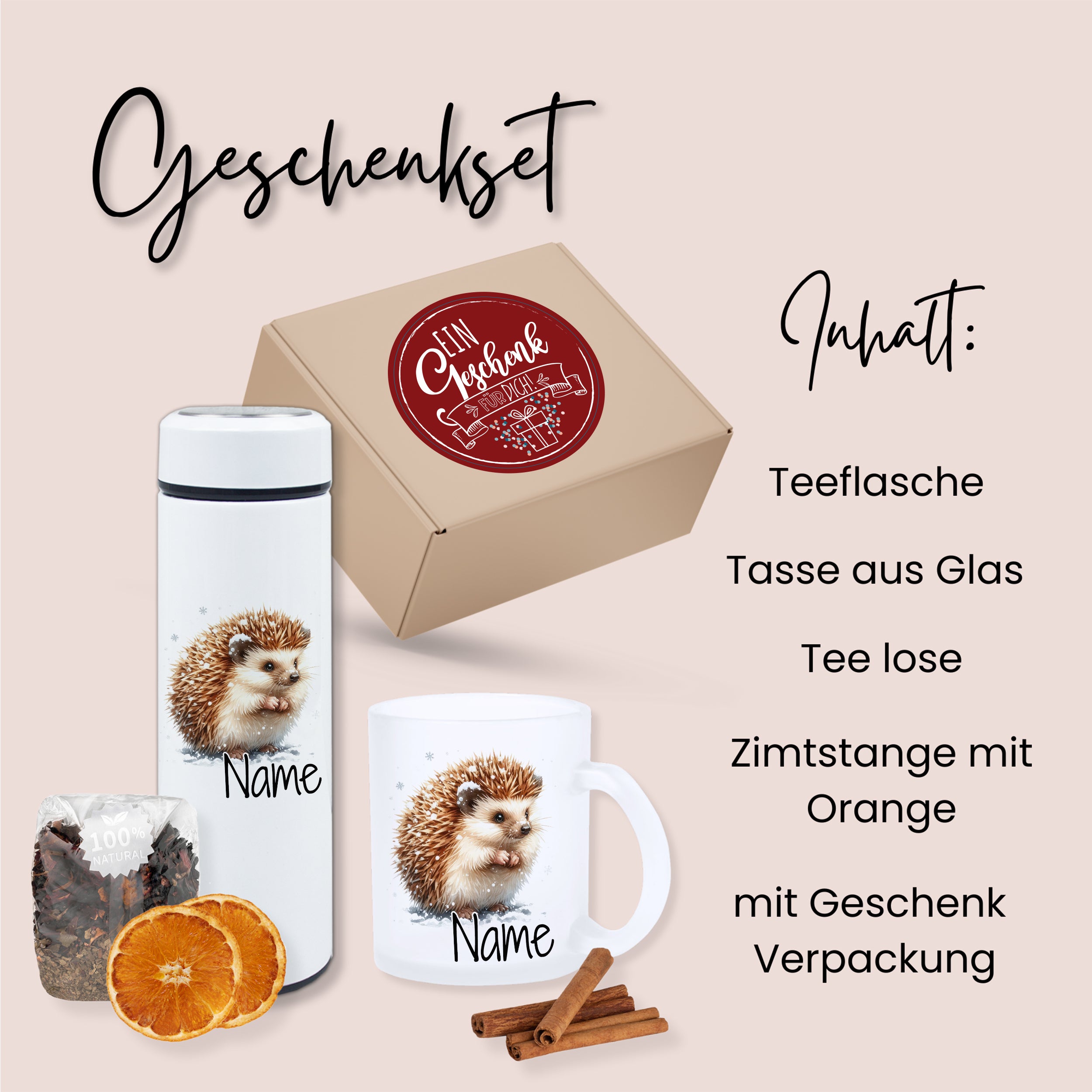 Geschenkset Teeflasche mit Tasse - Ein kuscheliger Igel für warme Momente