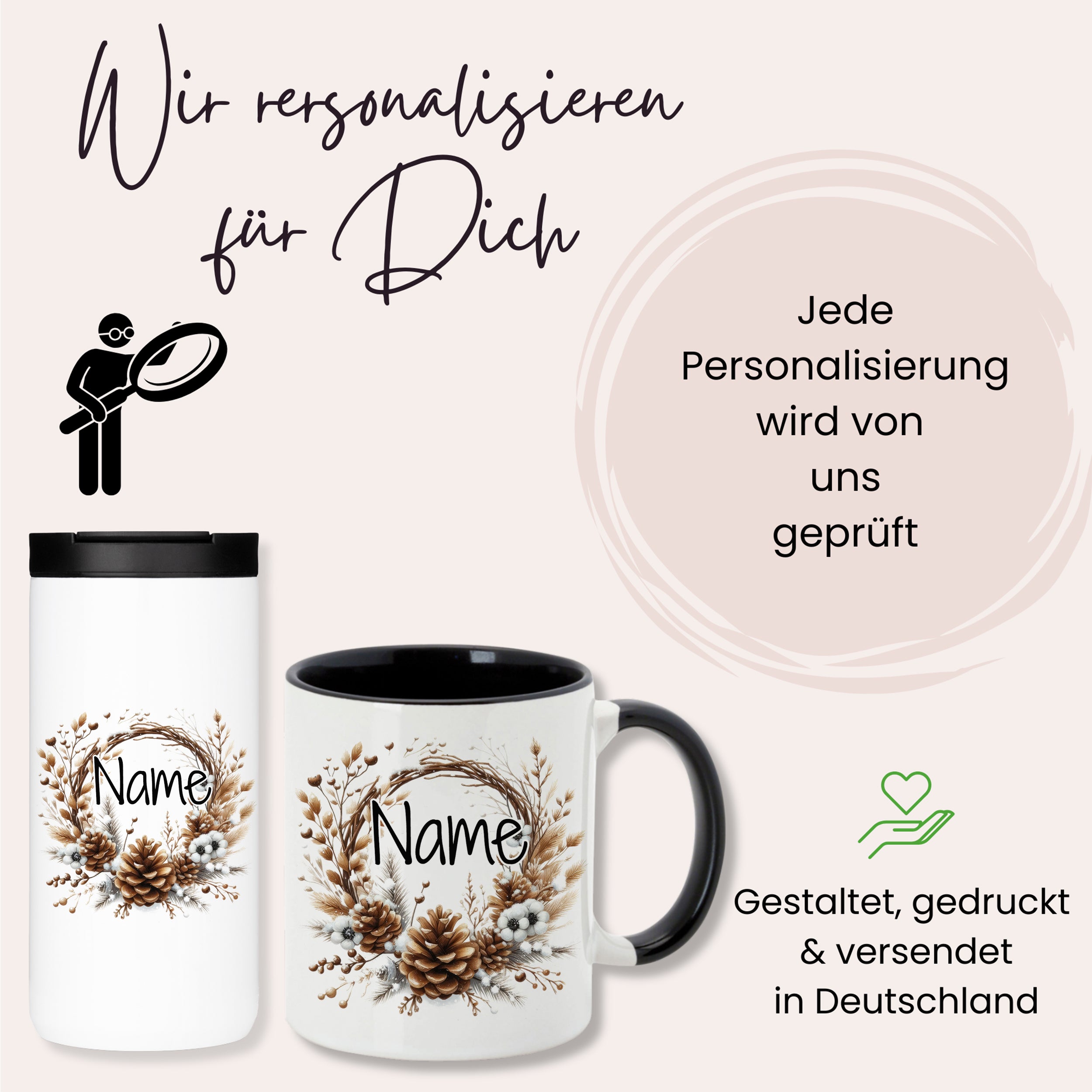 Personalisierte Tasse und Thermobecher mit Namen, weiß und schwarz.