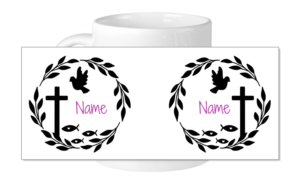 Tasse mit schwarzem Kreuz, Taube und personalisierbarem Namen.
