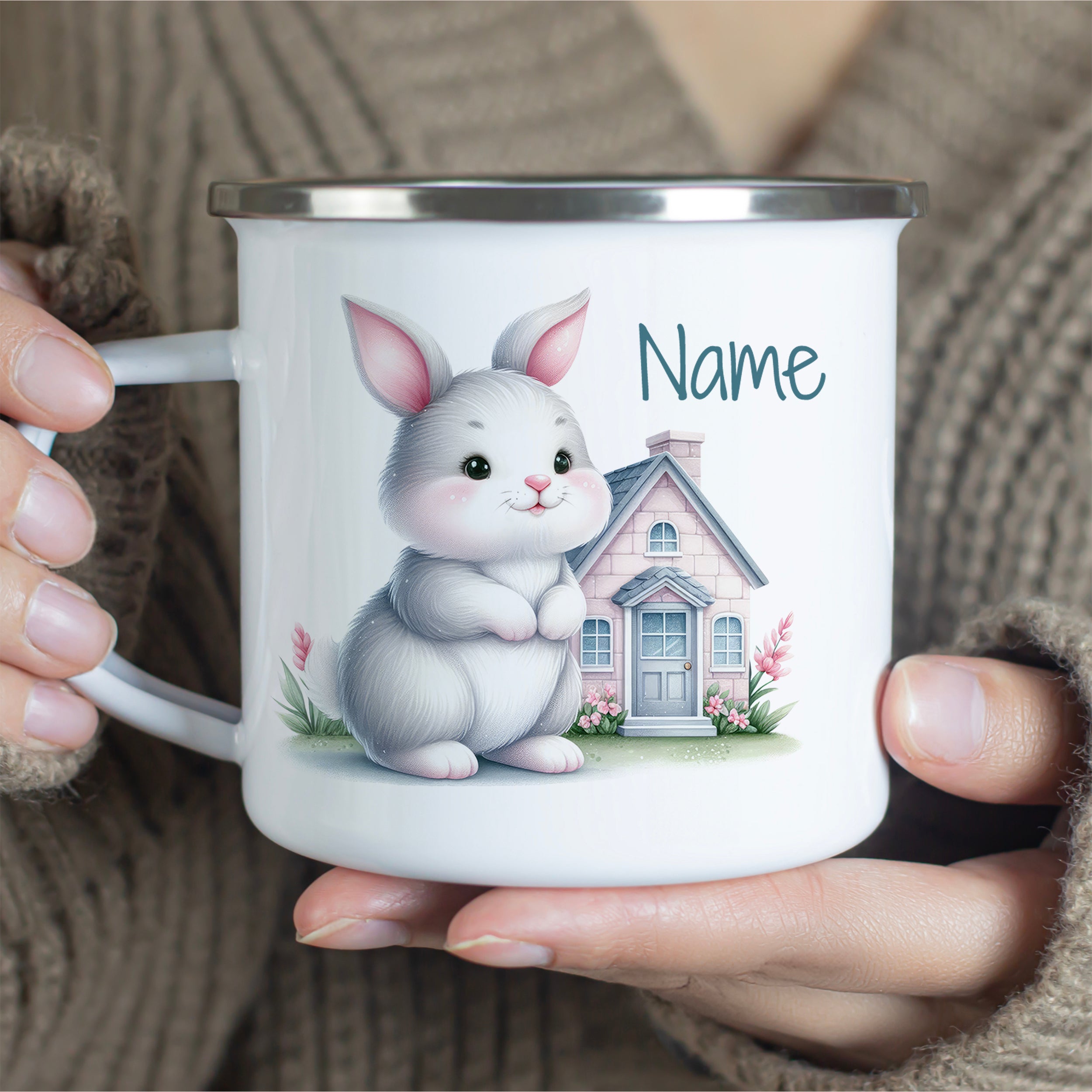 Emaille Becher mit niedlichem Hasenmotiv