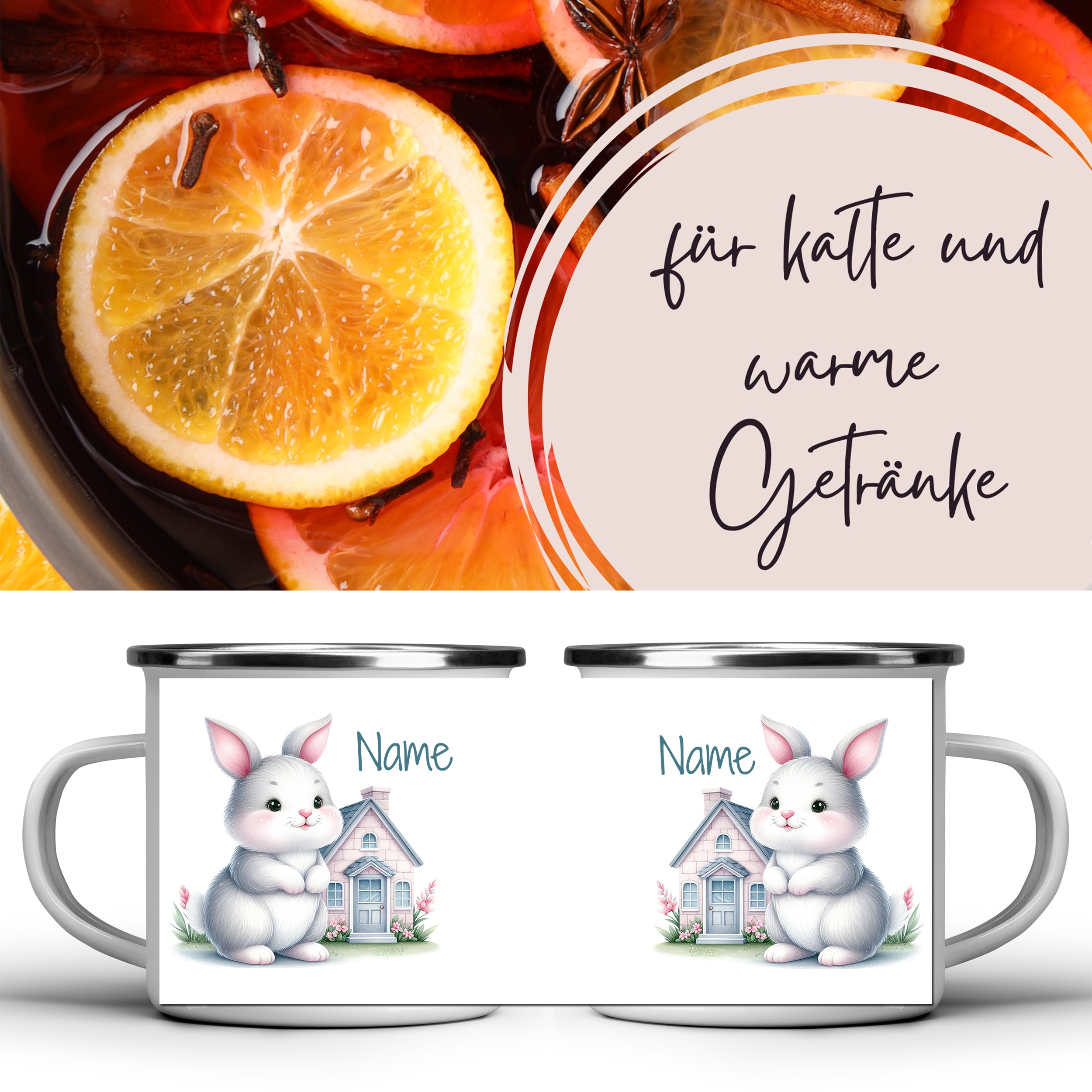 Emaille Becher mit niedlichem Hasenmotiv