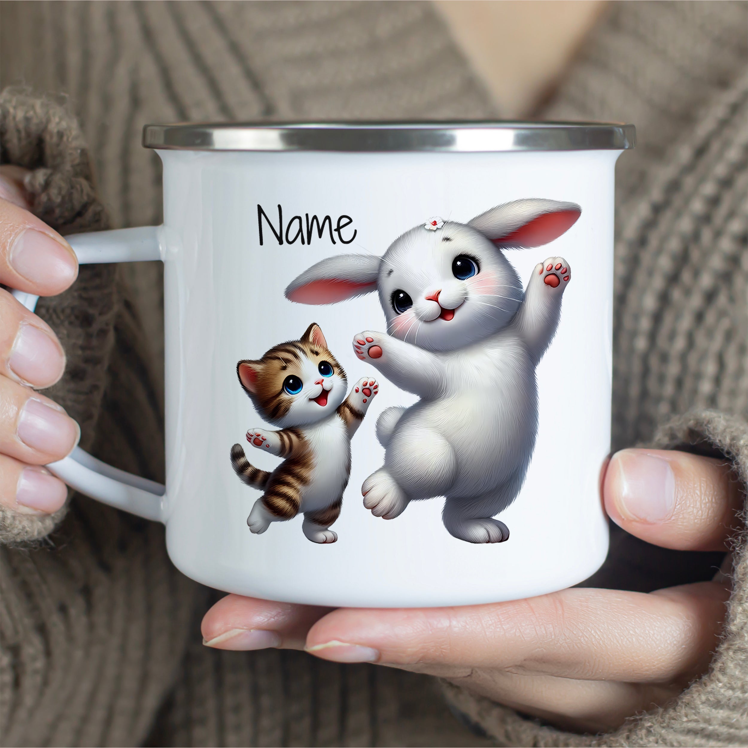 Emaille Becher mit Katze und Hase