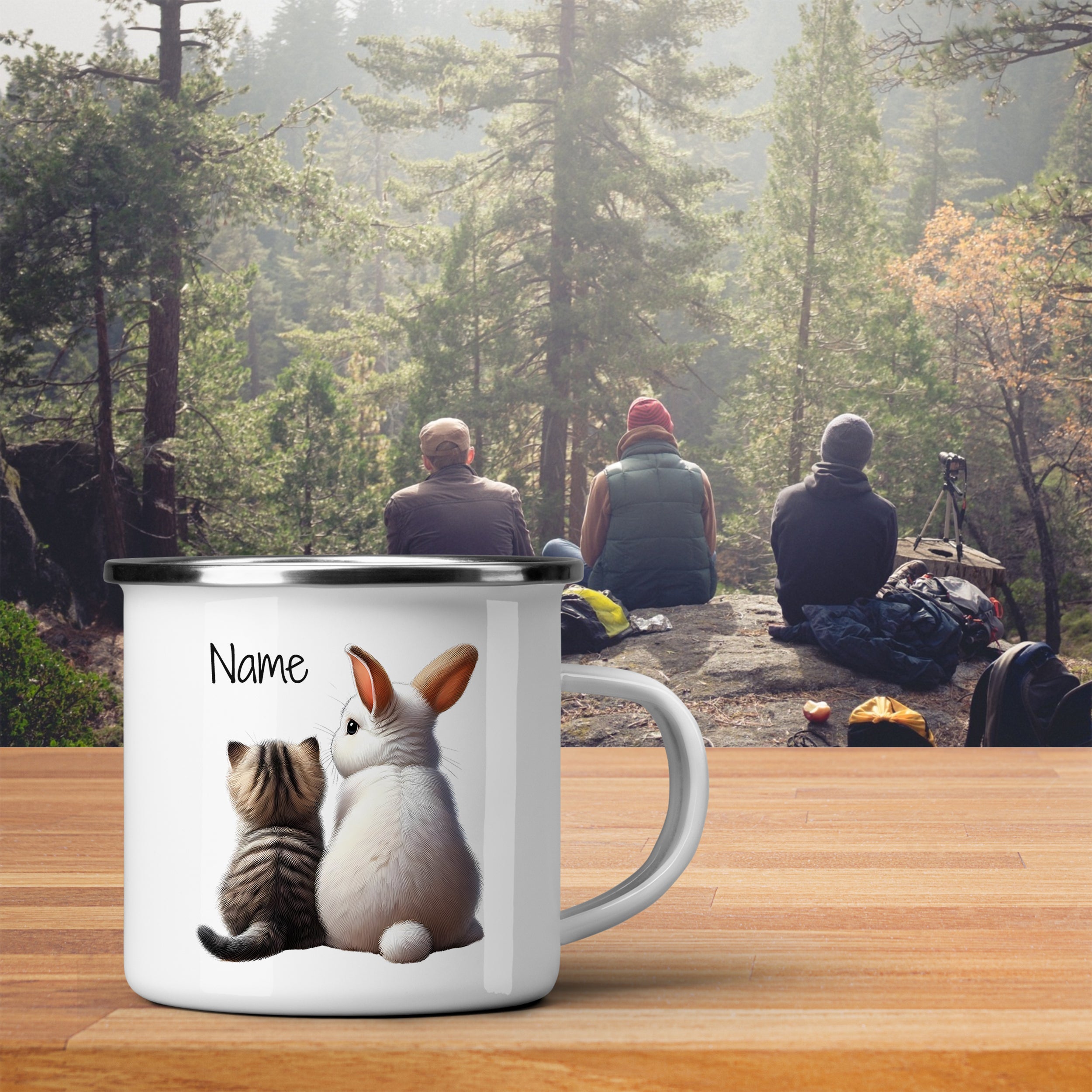 Emaille Becher mit Katze und Hase