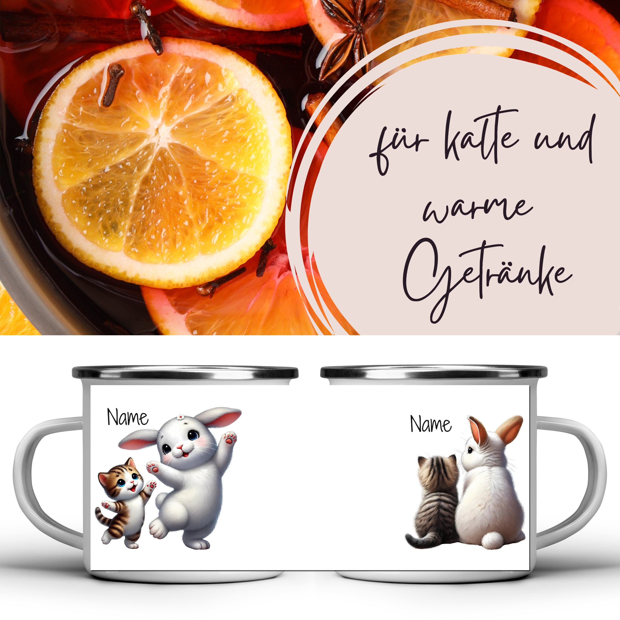 Emaille Becher mit Katze und Hase