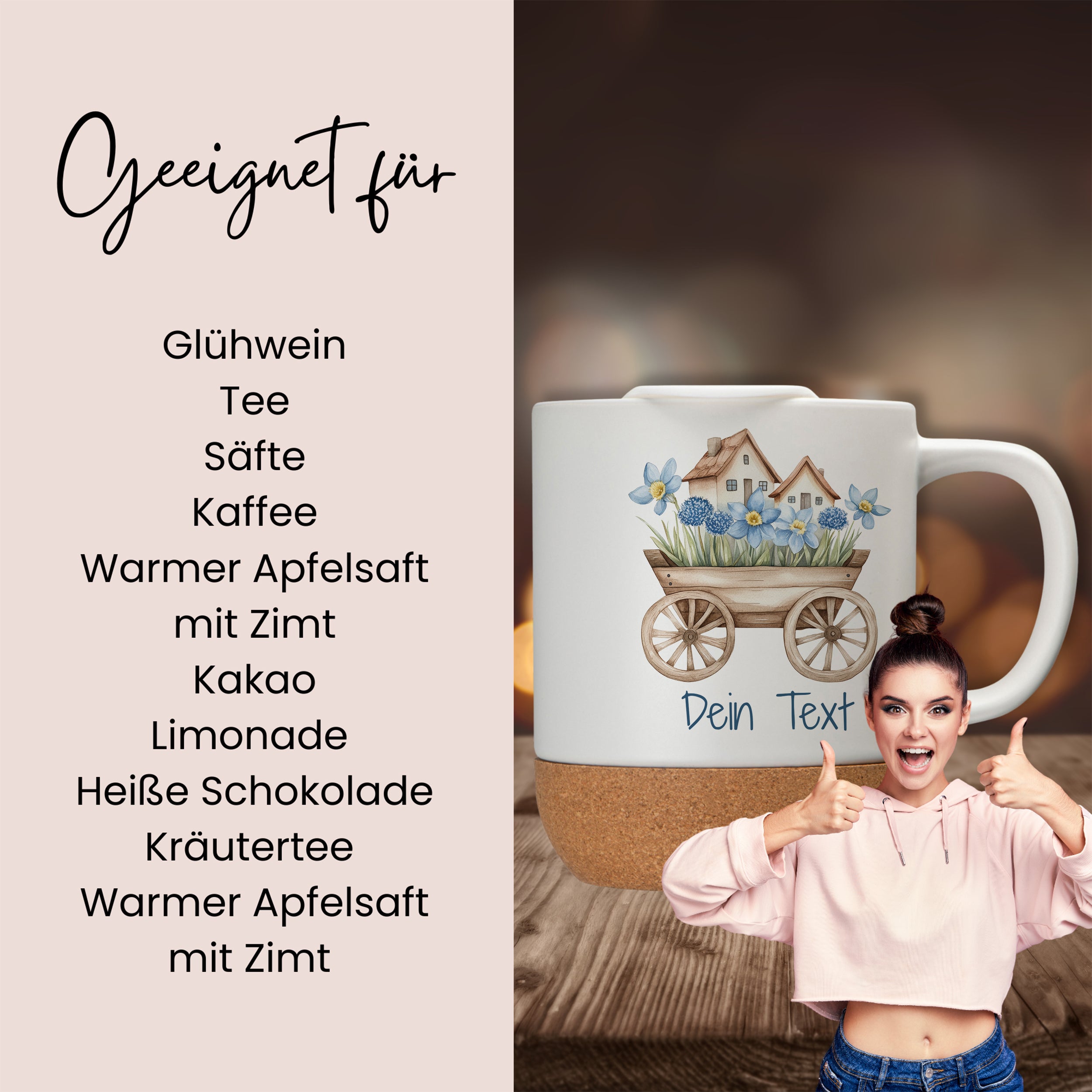 Tasse mit Blumenmotiv, beige, für verschiedene Getränke.