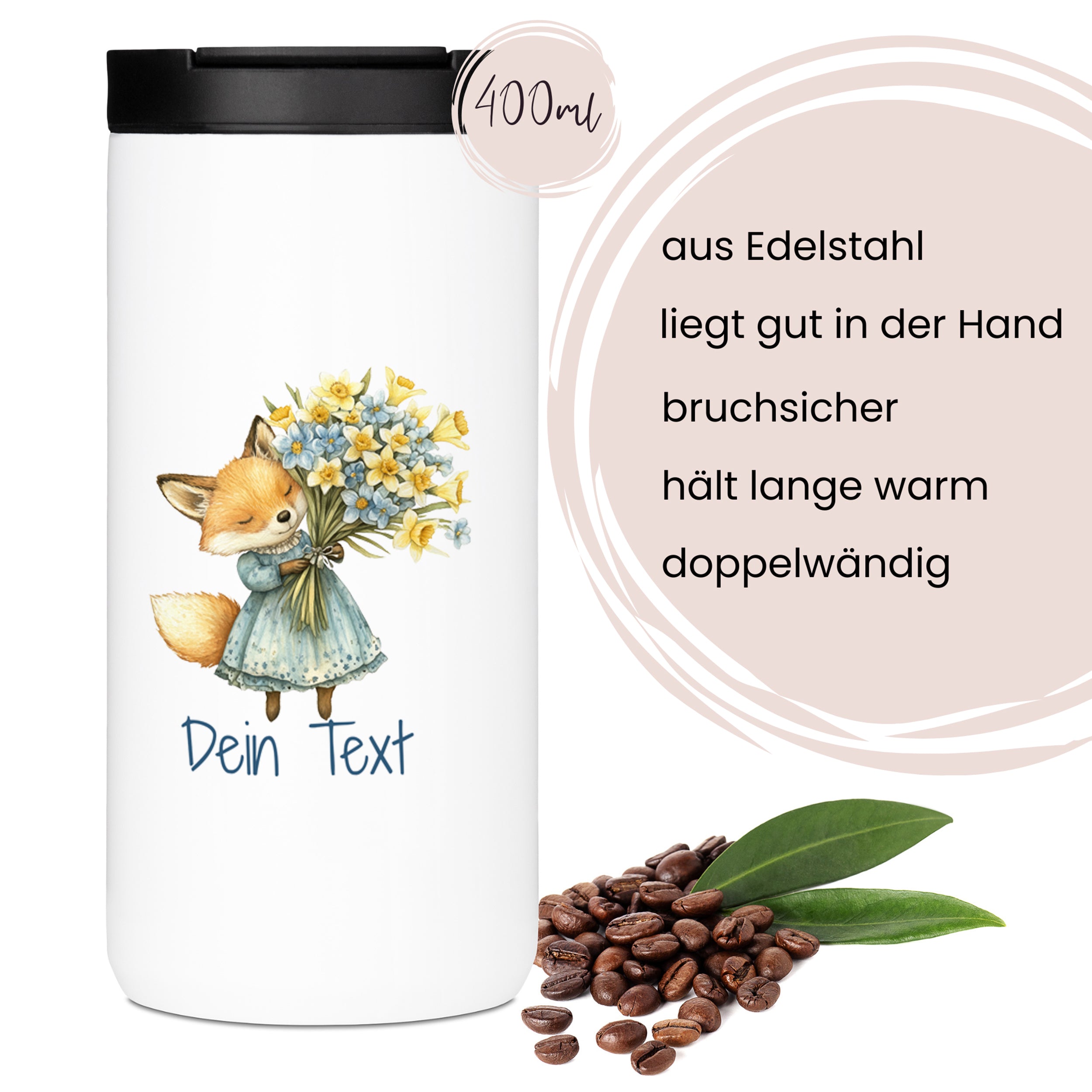 Edelstahlbecher mit Fuchs und Blumen, 400ml, bruchsicher.