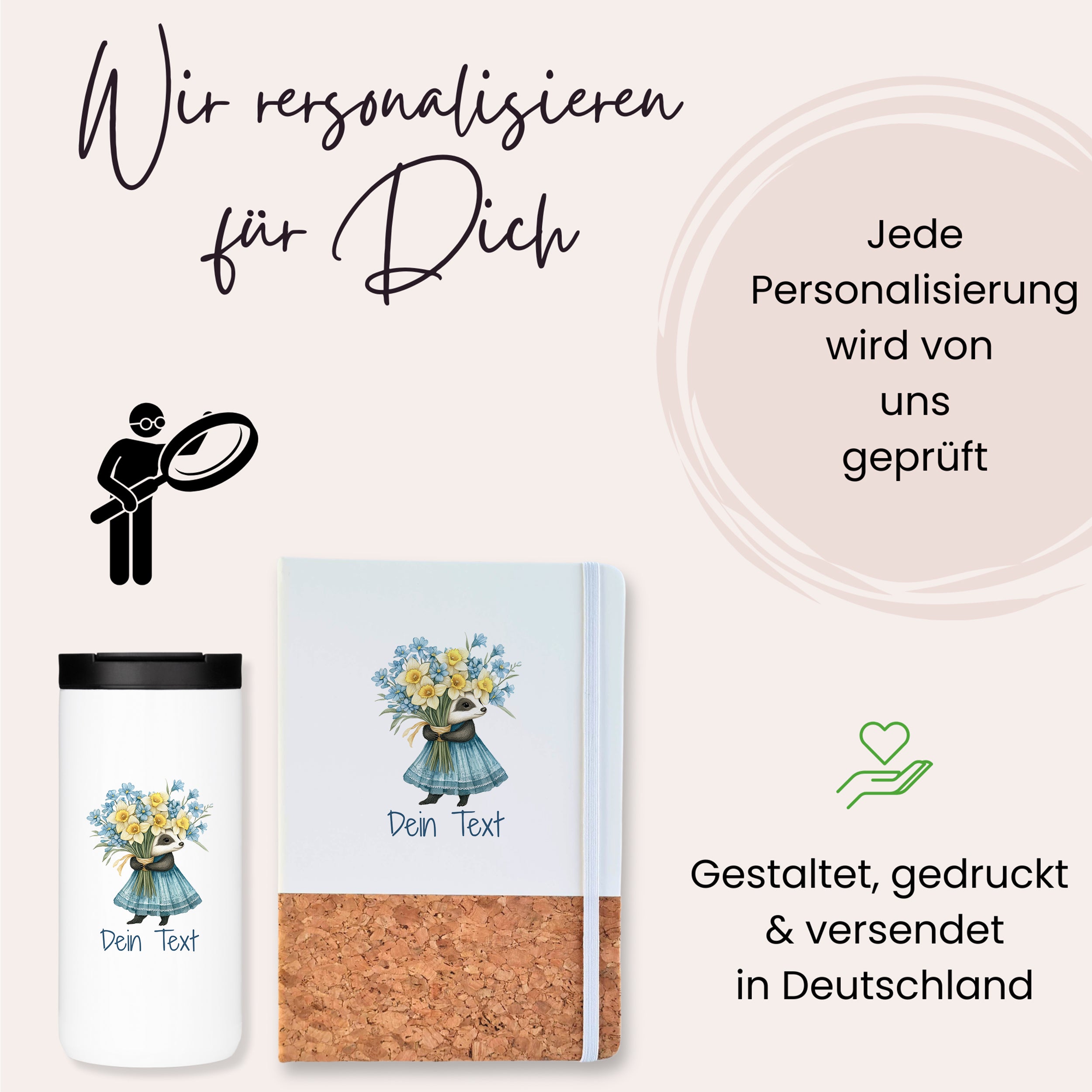 Personalisierbares Notizbuch und Becher mit Blumenmotiv.